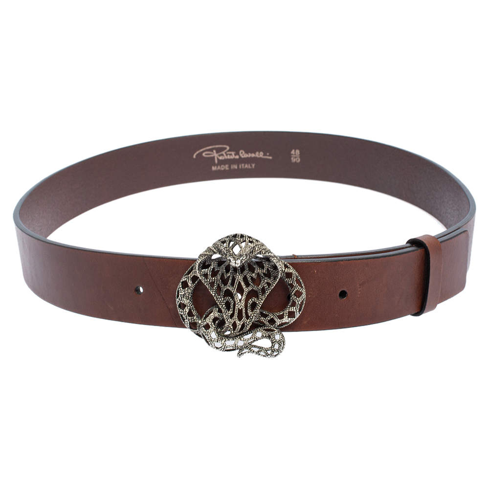 Pre Owned حزام روبرتو كافالي إبزيم ثعبان معدن وجلد بني داكن 90 سم
