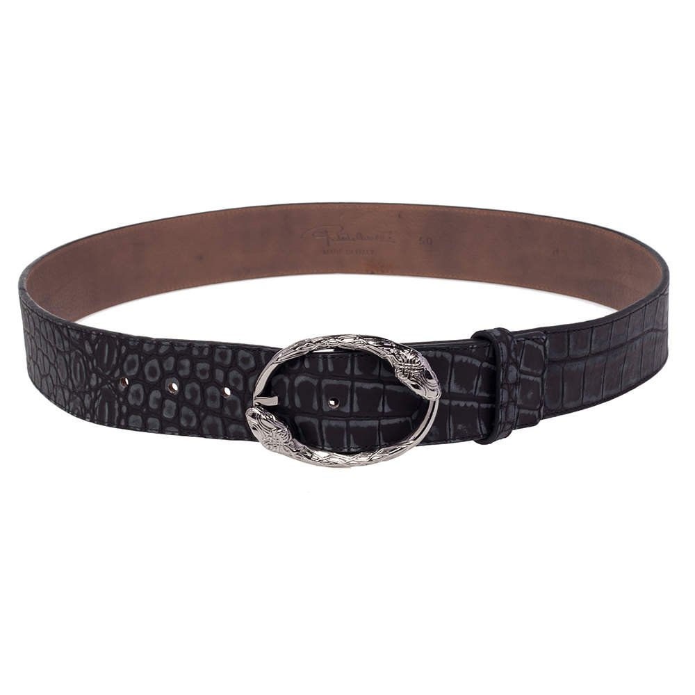Pre Owned Roberto Cavalli Black/Grey Croc Embossed Leather Snake Detail Belt Buckle Belt