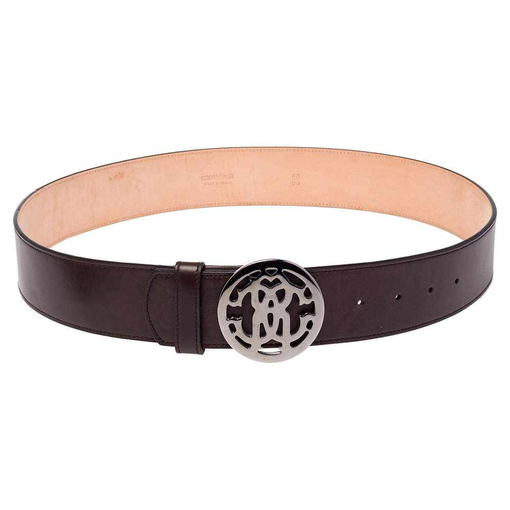 Pre Owned Roberto Cavalli Brown Leather Logo Buckle Belt 90CM