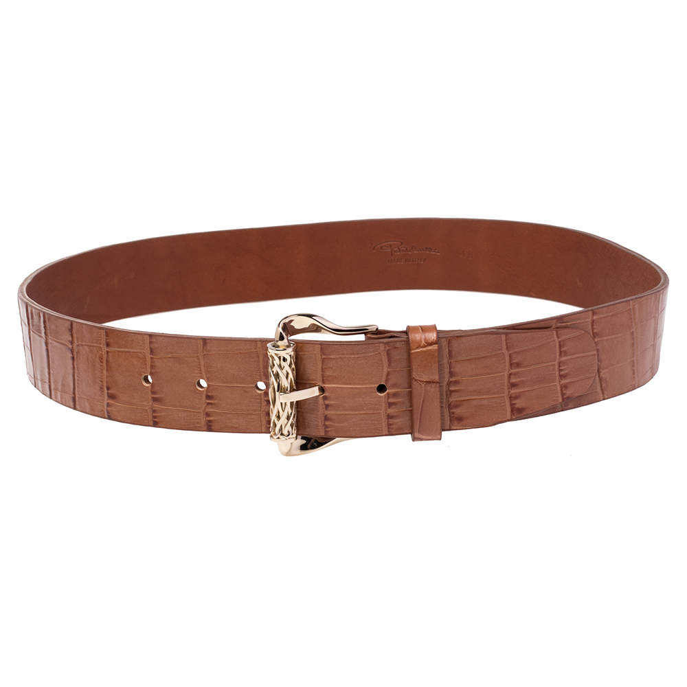 Pre Owned Roberto Cavalli Brown Croc Embossed Leather Buckle Belt 100CM