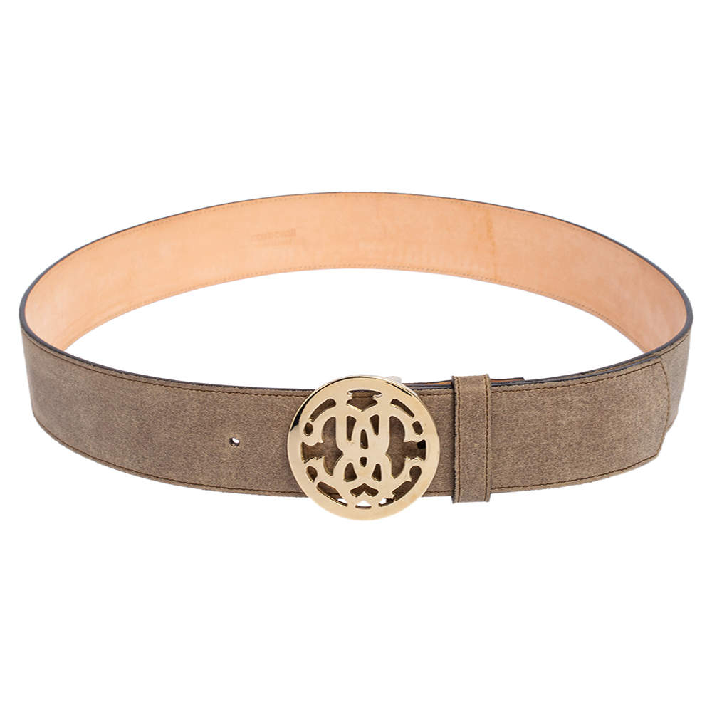 مملوكة مسبقًا Roberto Cavalli Grey Suede Logo Buckle Belt 100CM