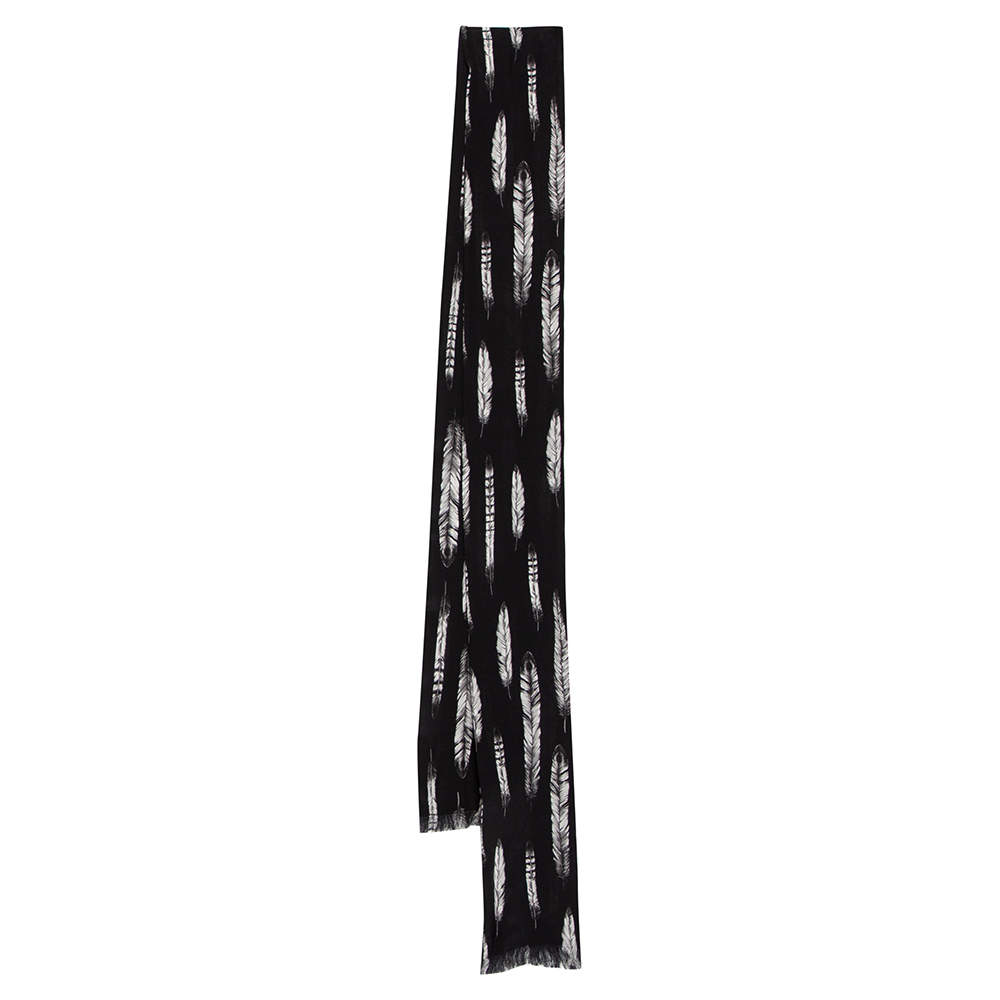 Roberto Cavalli Black Plumage Print Silk Scarf