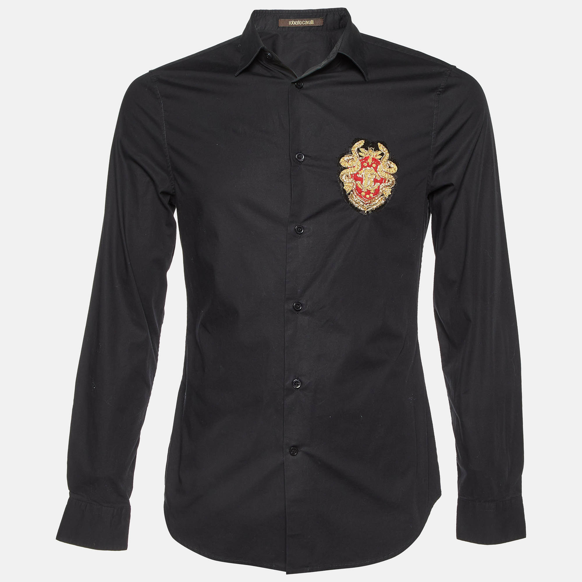 Pre Owned Roberto Cavalli Black Cotton Logo Crest Embroidered Button Front Shirt S