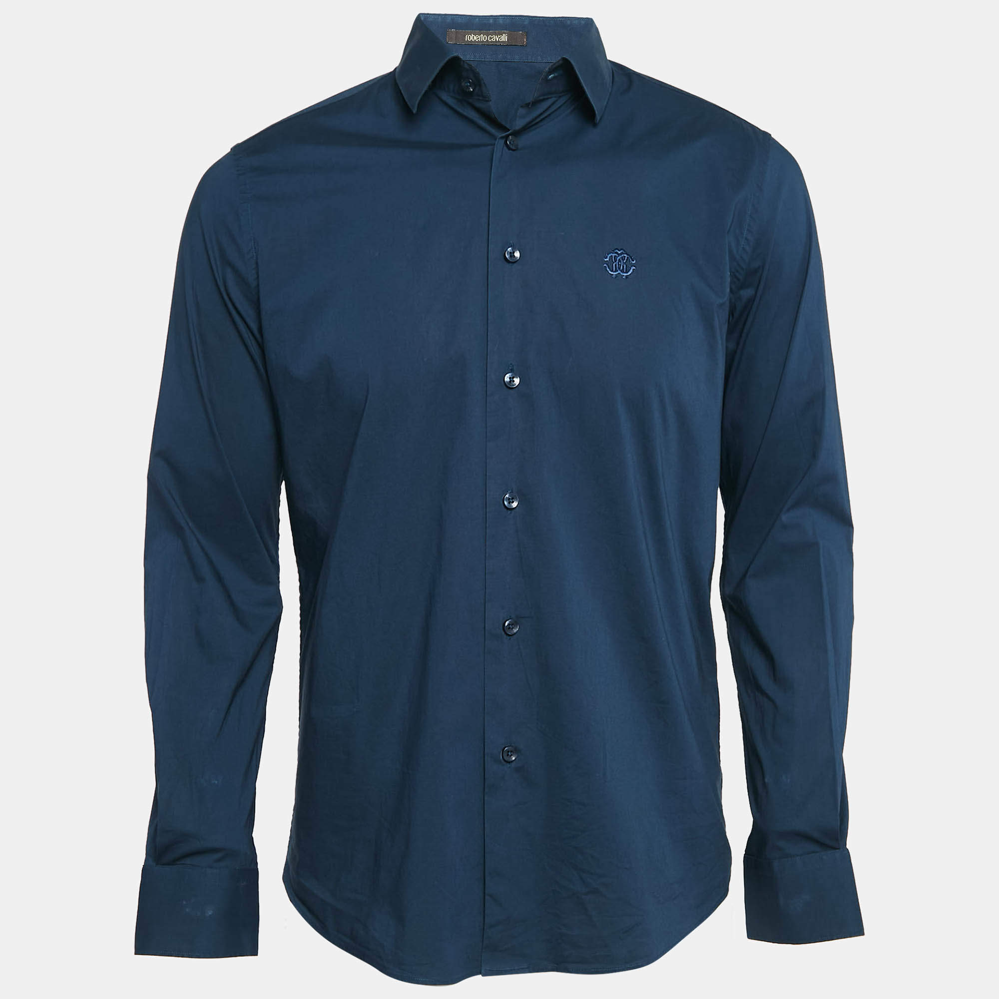 Pre Owned Roberto Cavalli Navy Blue Cotton Button Front Shirt XL