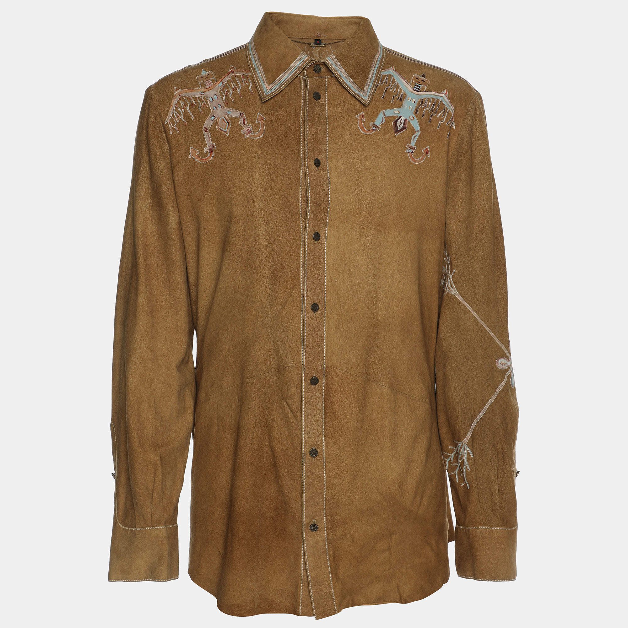 Roberto Cavalli Brown Embroidered Suede Button Front Shirt M