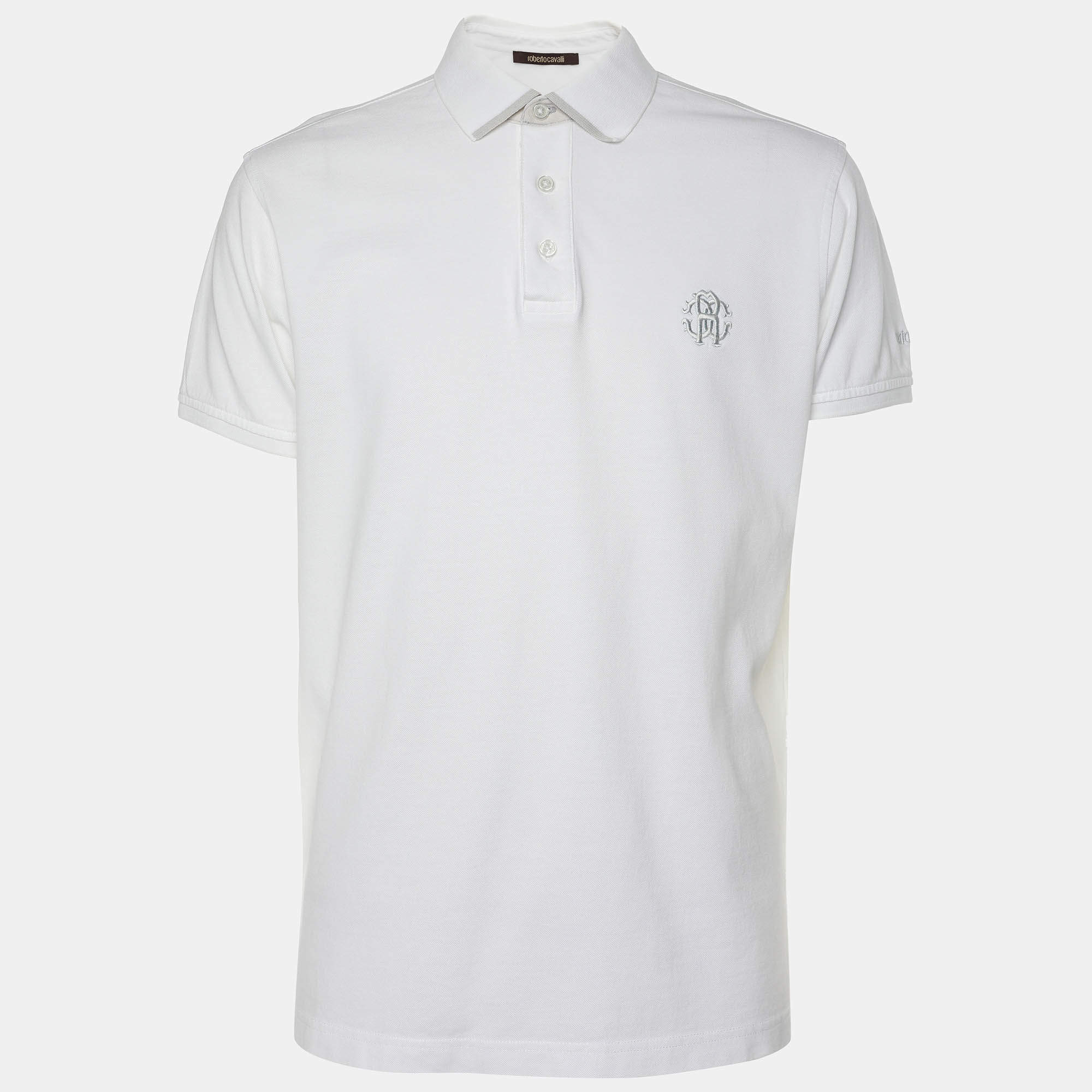 Roberto Cavalli White Cotton Logo Embroidered T-Shirt L