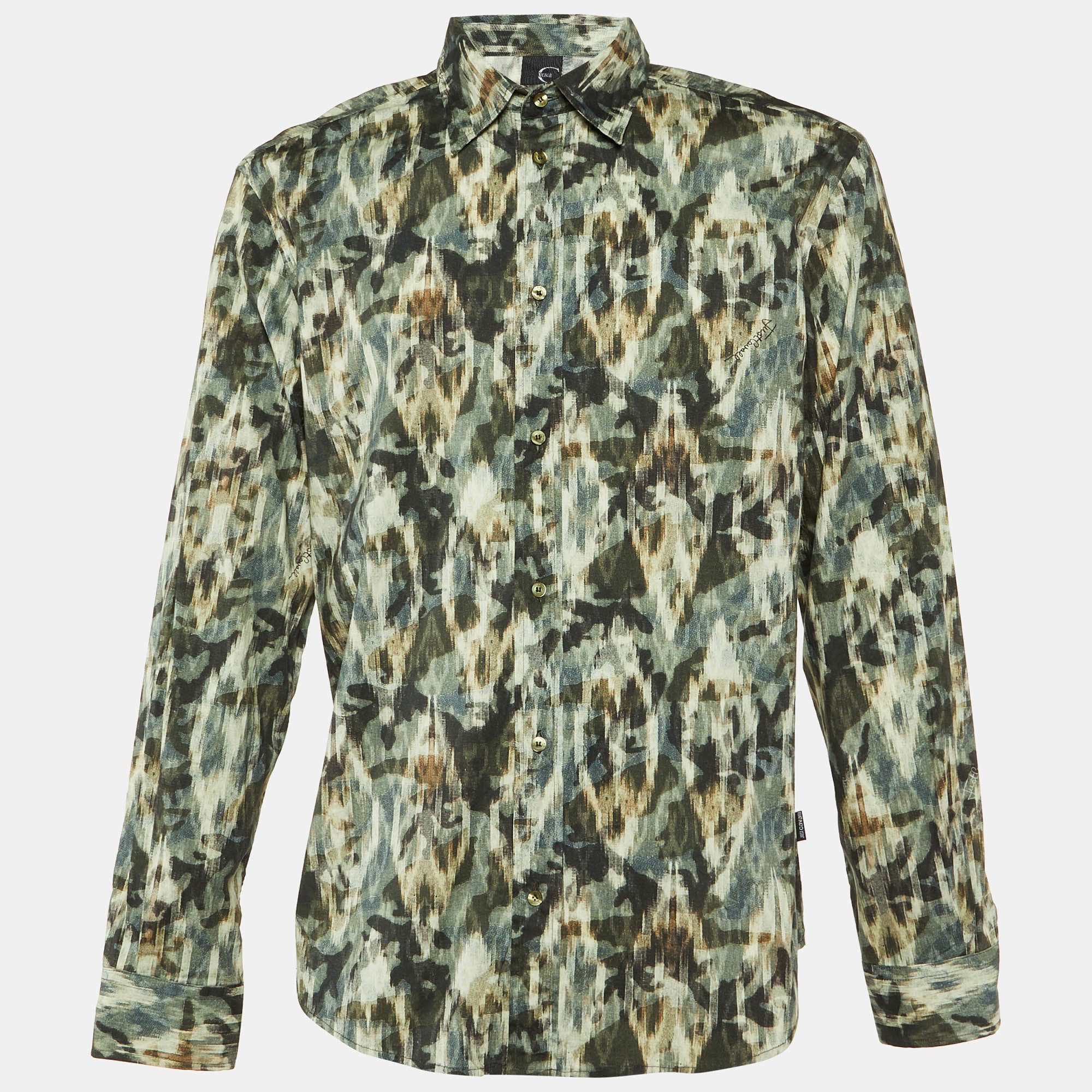 Just Cavalli Green Texture Print Cotton Button Front Shirt XL
