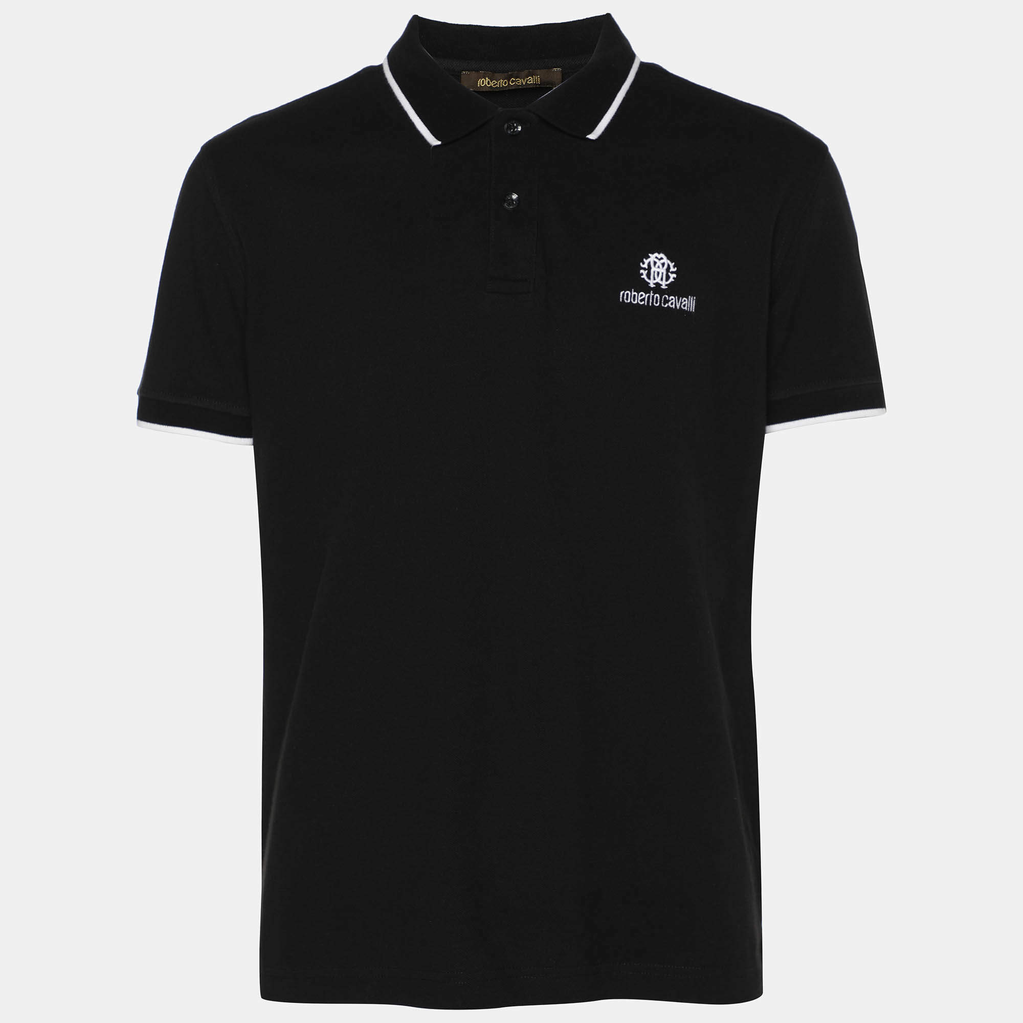 Pre Owned Roberto Cavalli Black Pique Cotton Polo T-Shirt L