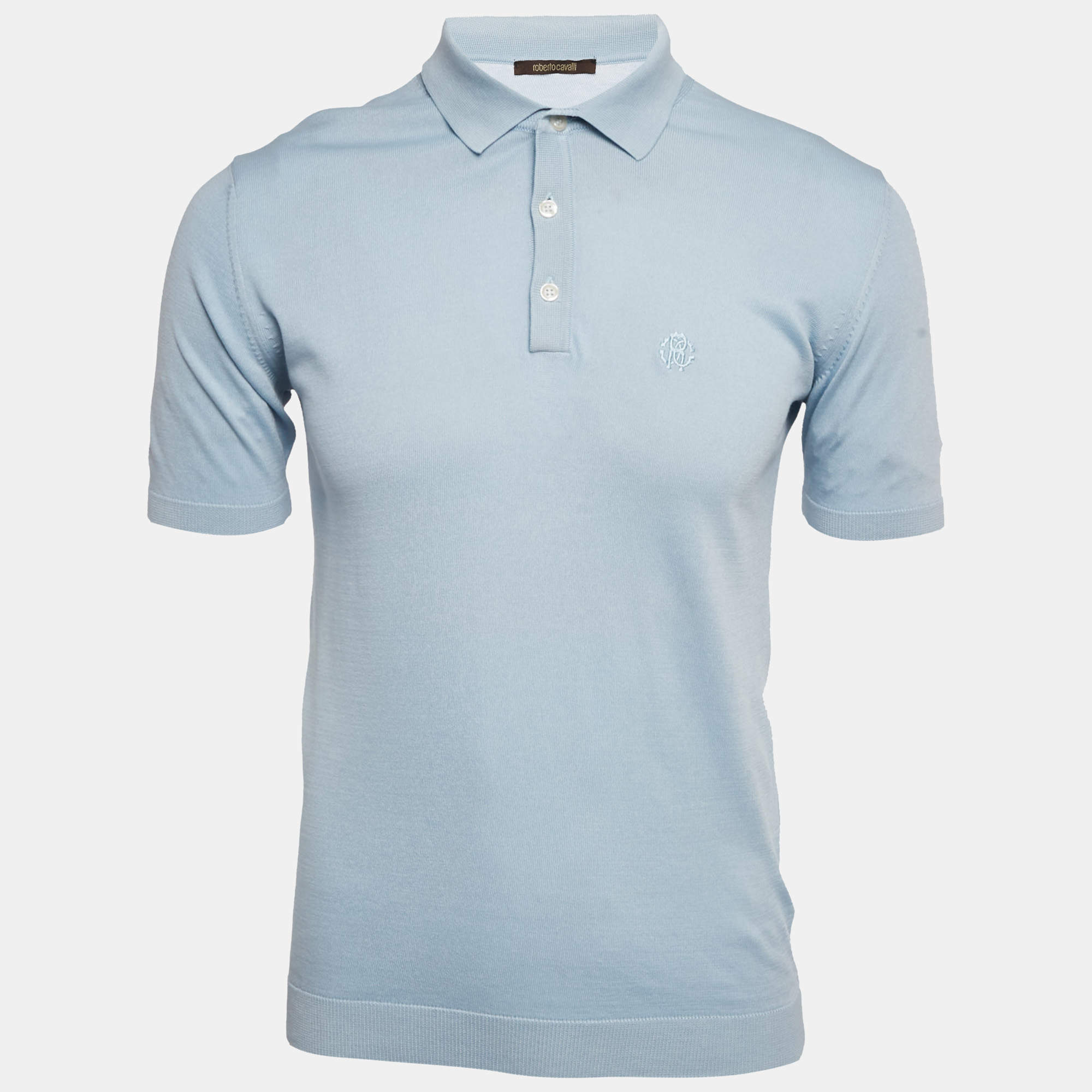 Pre Owned Roberto Cavalli Light Blue Silk Knit Polo T-Shirt M