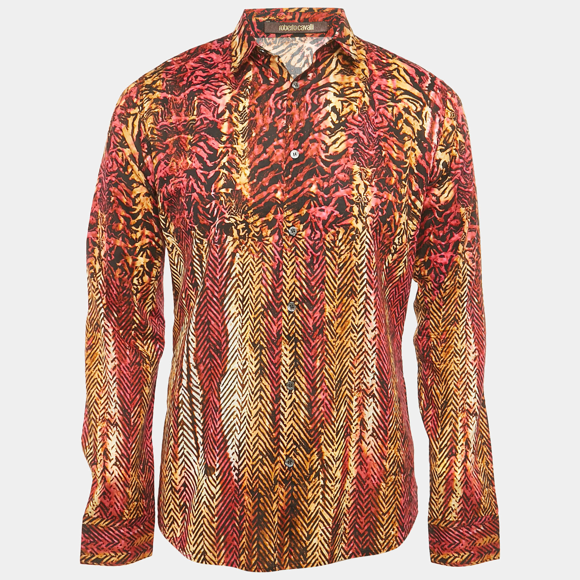 Pre Owned Roberto Cavalli Pink/Orange Printed Cotton Slim Fit Shirt M