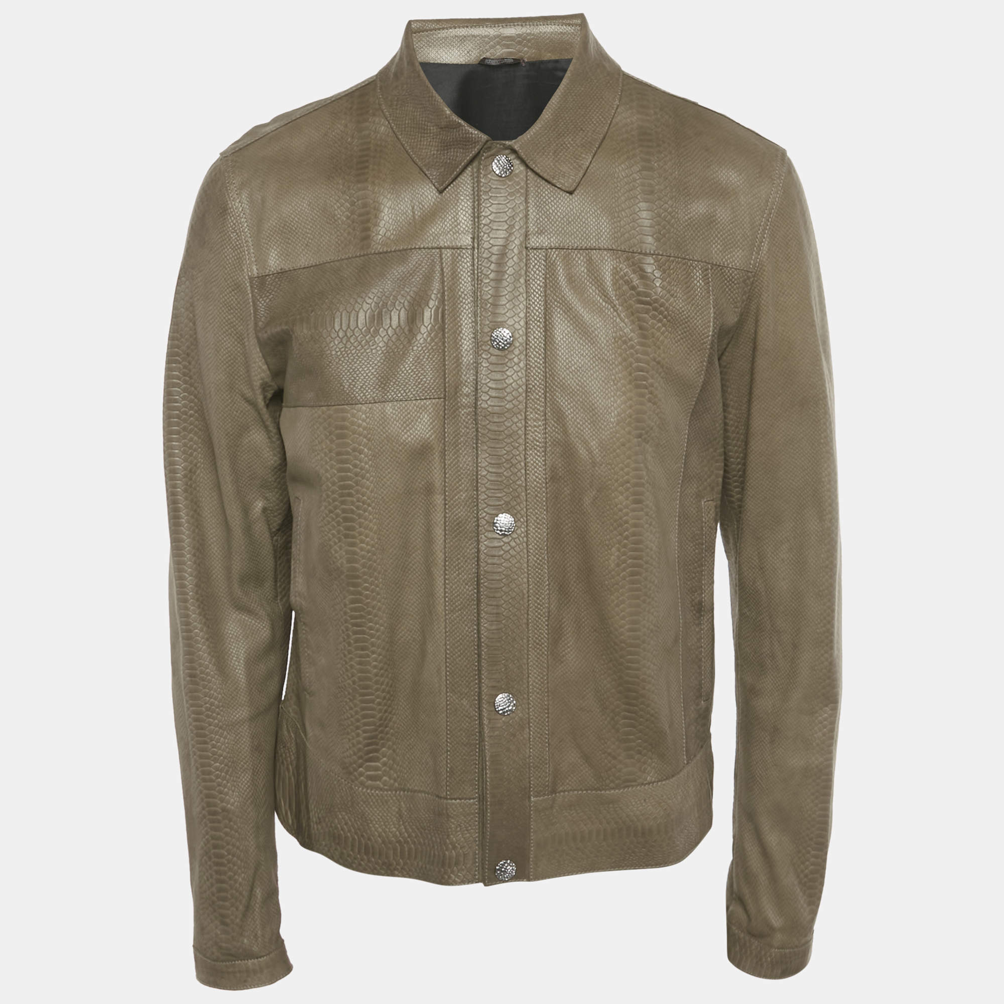 Pre Owned Roberto Cavalli Brown Reptile Textured Leather Button Front Jacket L