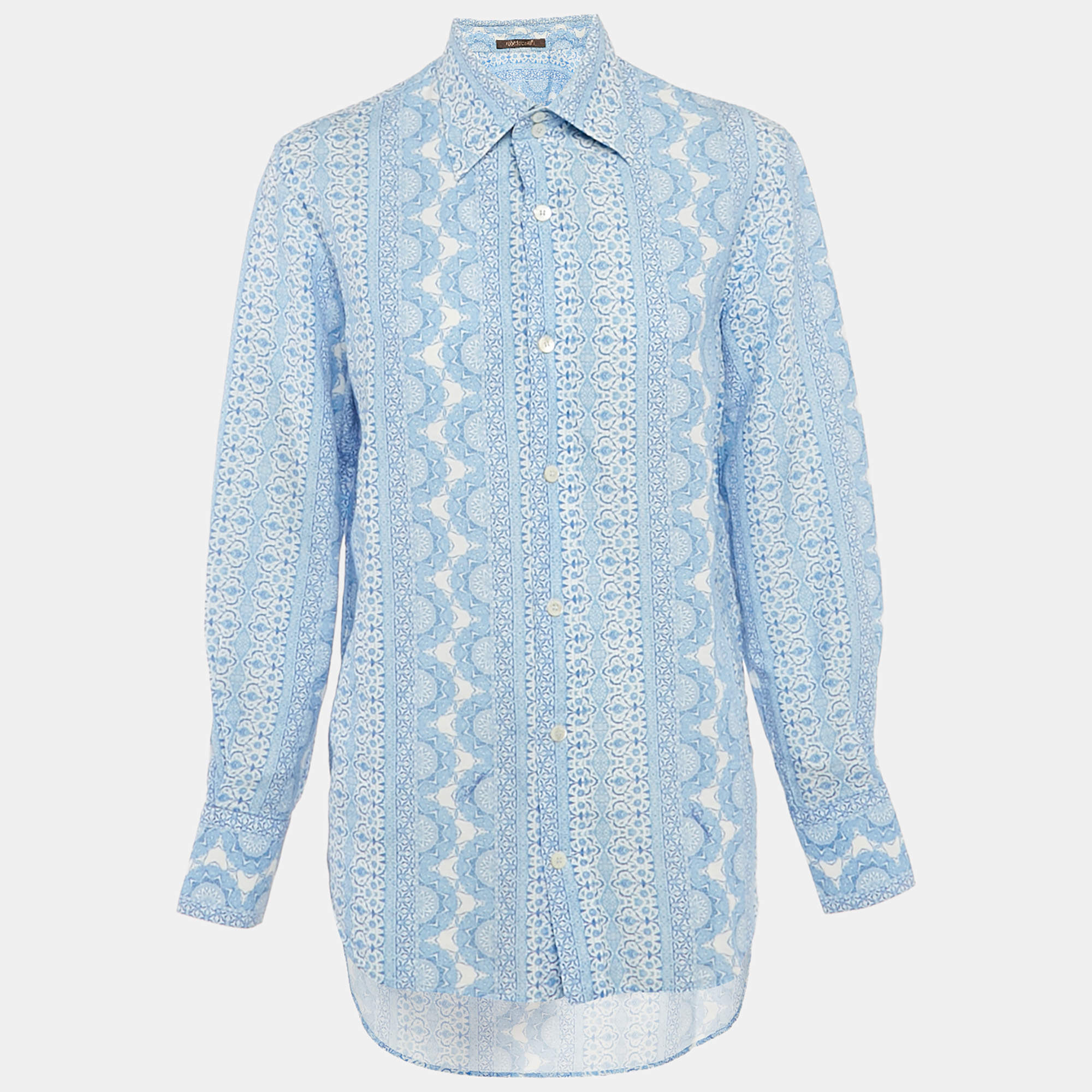 Pre Owned Roberto Cavalli Blue Printed Linen Blend Full sleeve Shirt L 