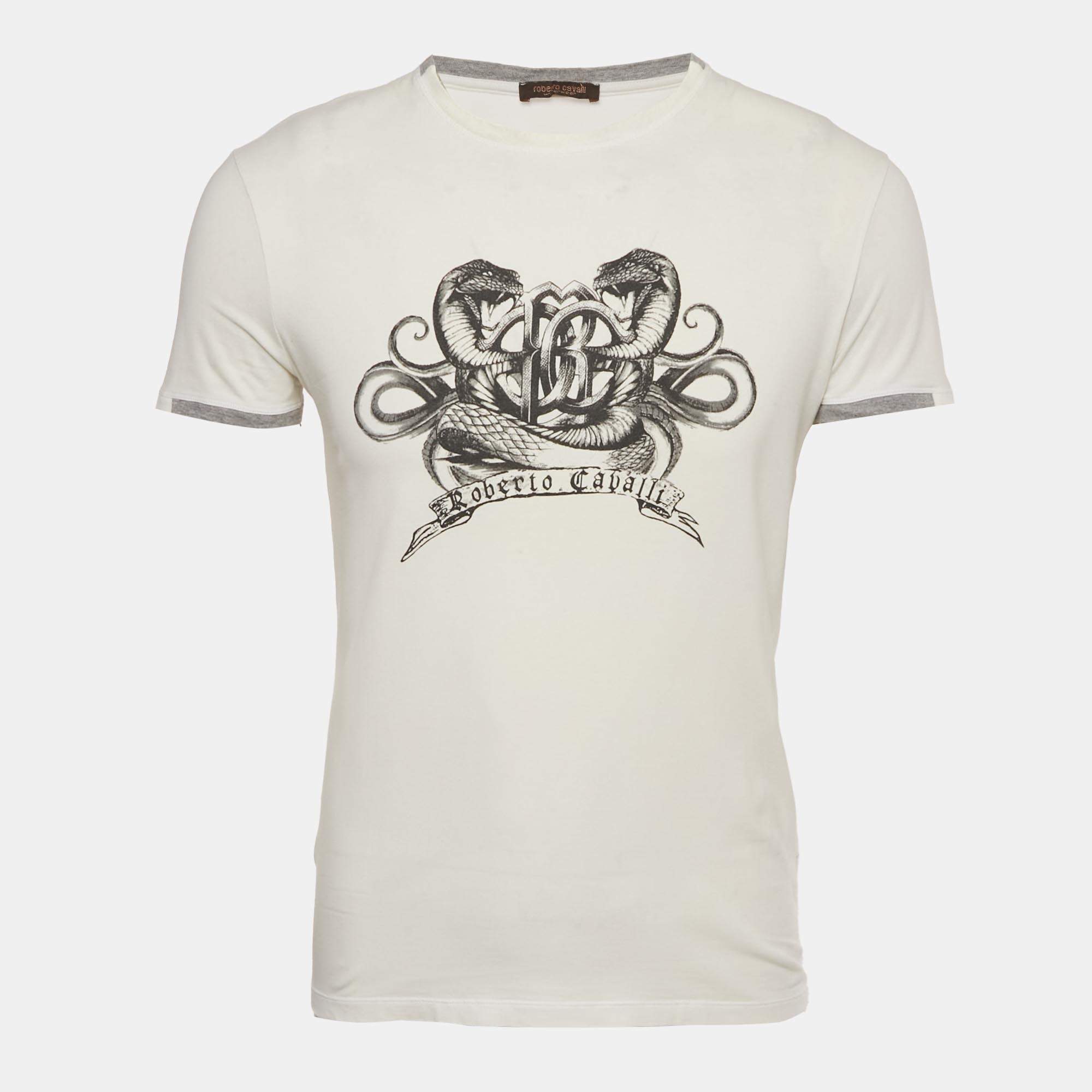 Pre Owned Roberto Cavalli Cream Printed Jersey T-Shirt M