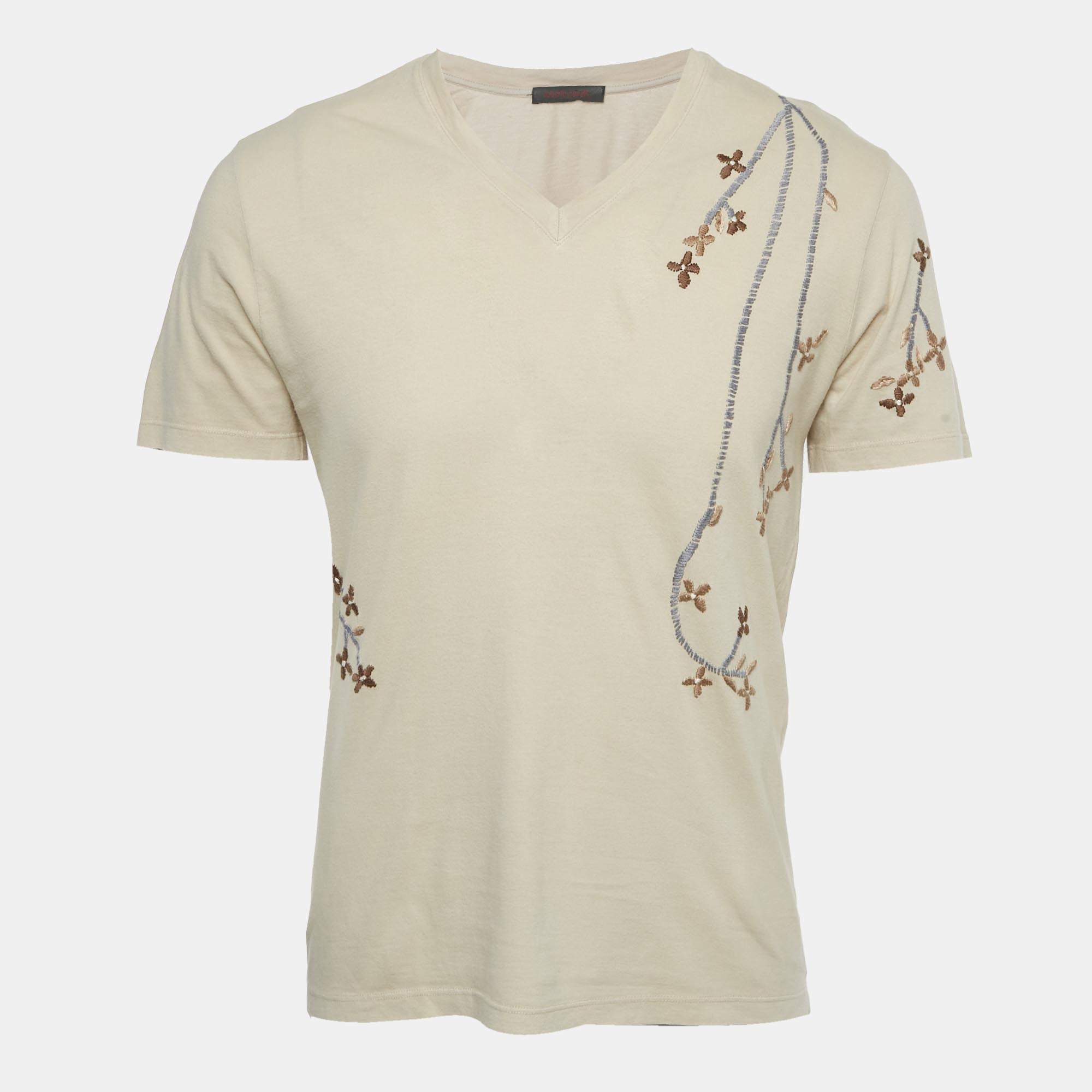 Pre Owned Roberto Cavalli Beige Floral Embroidered Jersey V-Neck T-Shirt S