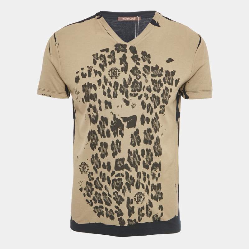 Pre Owned Roberto Cavalli Brown Printed Jersey V-Neck T-Shirt M