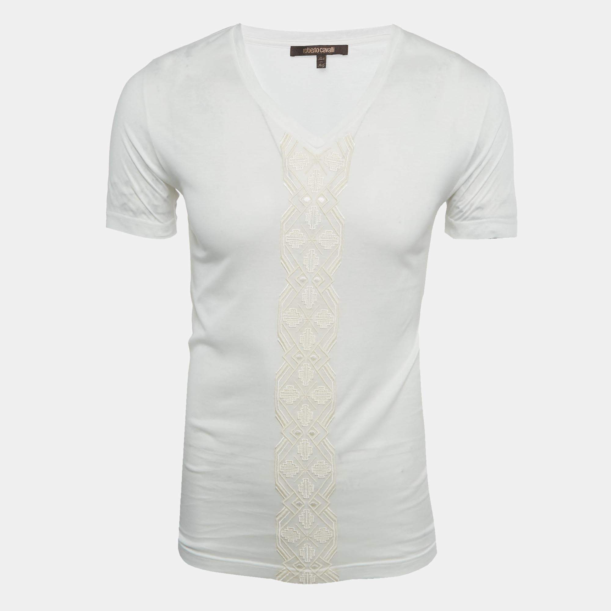 Pre Owned Roberto Cavalli White Embroidered Jersey V-Neck T-Shirt S