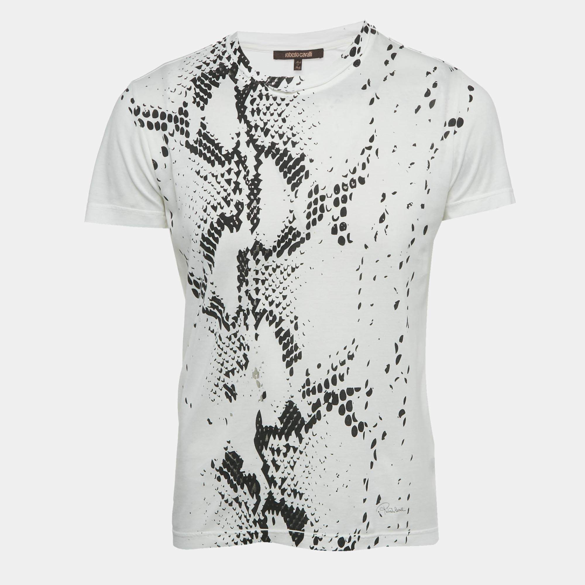 Pre Owned Roberto Cavalli White Snakeskin Print Jersey T-Shirt S