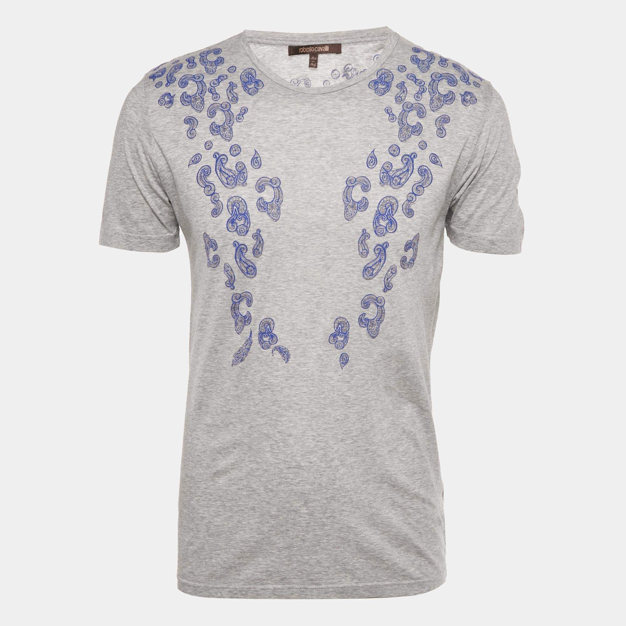 Pre Owned Roberto Cavalli Grey Paisley Print Jersey Crew Neck T-Shirt M