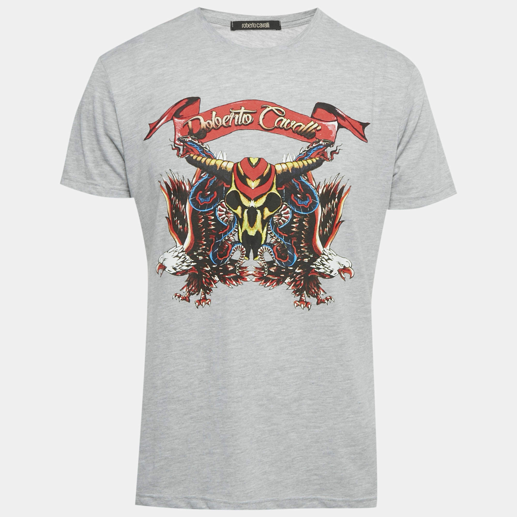Pre Owned Roberto Cavalli Grey Eagle Print Jersey T-Shirt XL