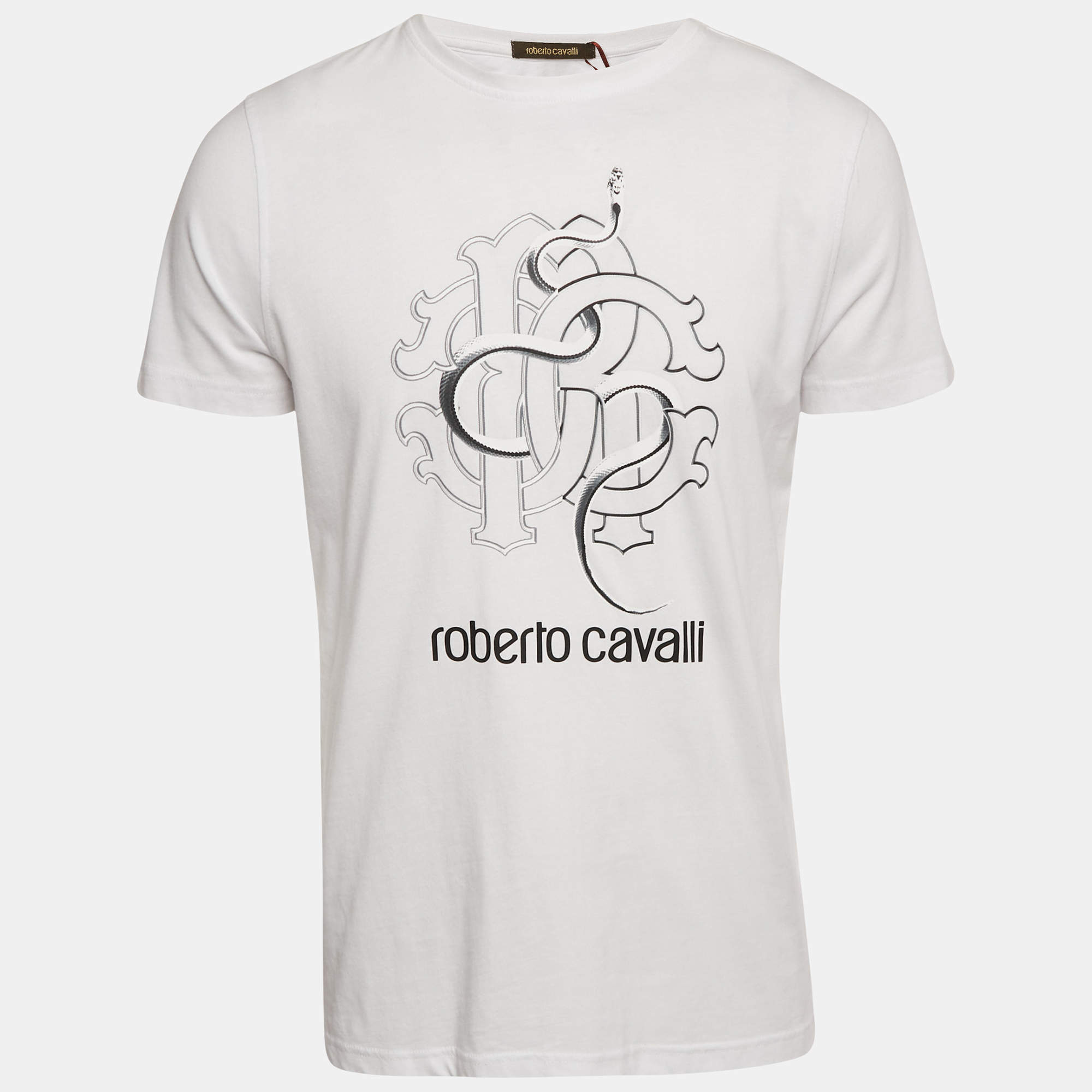 Pre Owned Roberto Cavalli White Snake Print Jersey T-Shirt L