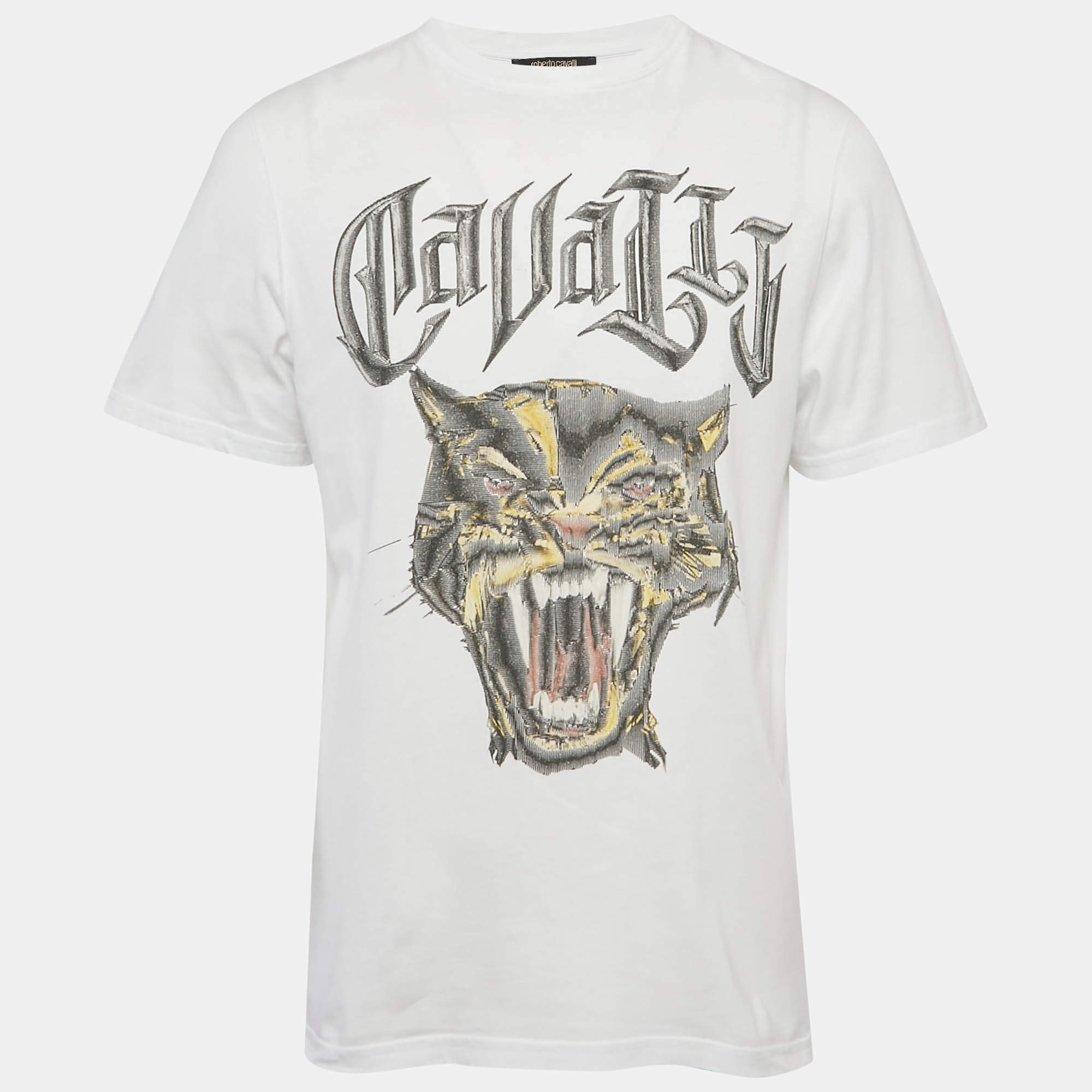 Pre Owned Roberto Cavalli White Big Cat Print Jersey T-Shirt M