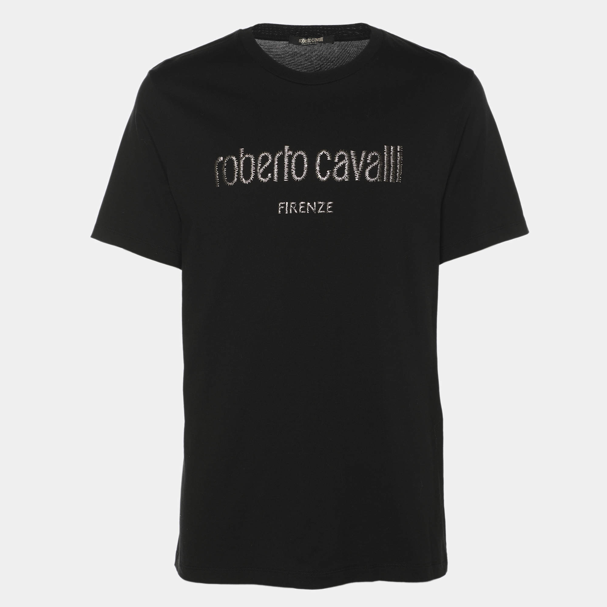 Pre Owned Roberto Cavalli Black Jersey Logo Print T-Shirt L