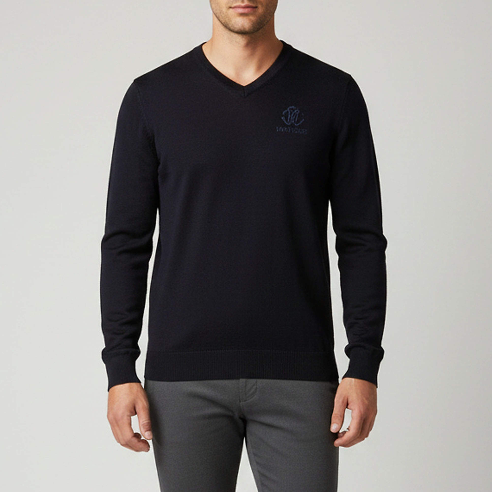 Pre Owned Roberto Cavalli Navy Blue Logo Embroidered Wool Knit Pullover M