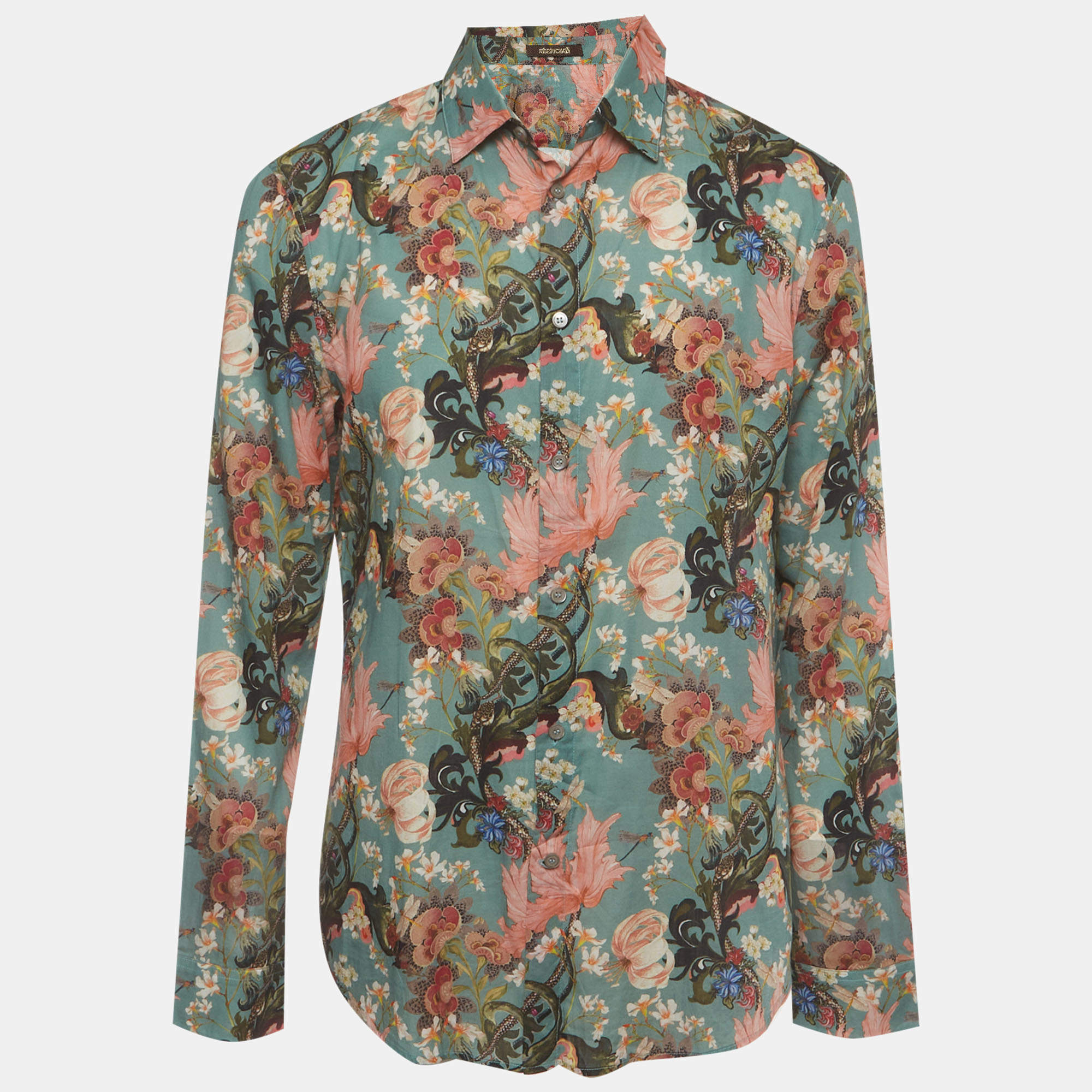 Pre Owned Roberto Cavalli Green Floral Print Cotton Long Sleeve Shirt XL 