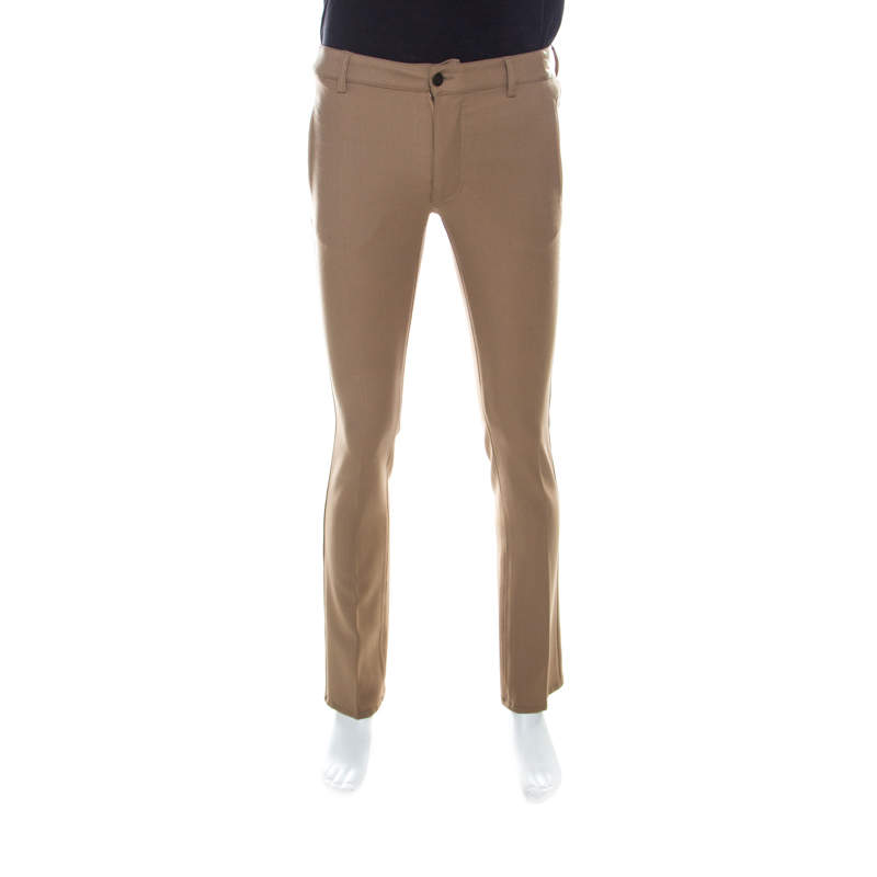 Class by Roberto Cavalli Camel Brown Twiil Wool Leather Detail Tapered Trousers L