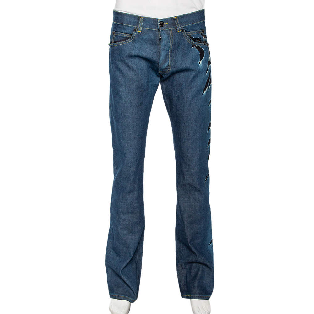 Pre Owned Roberto Cavalli Ink Blue Denim Slash Print Straight Fit Jeans L
