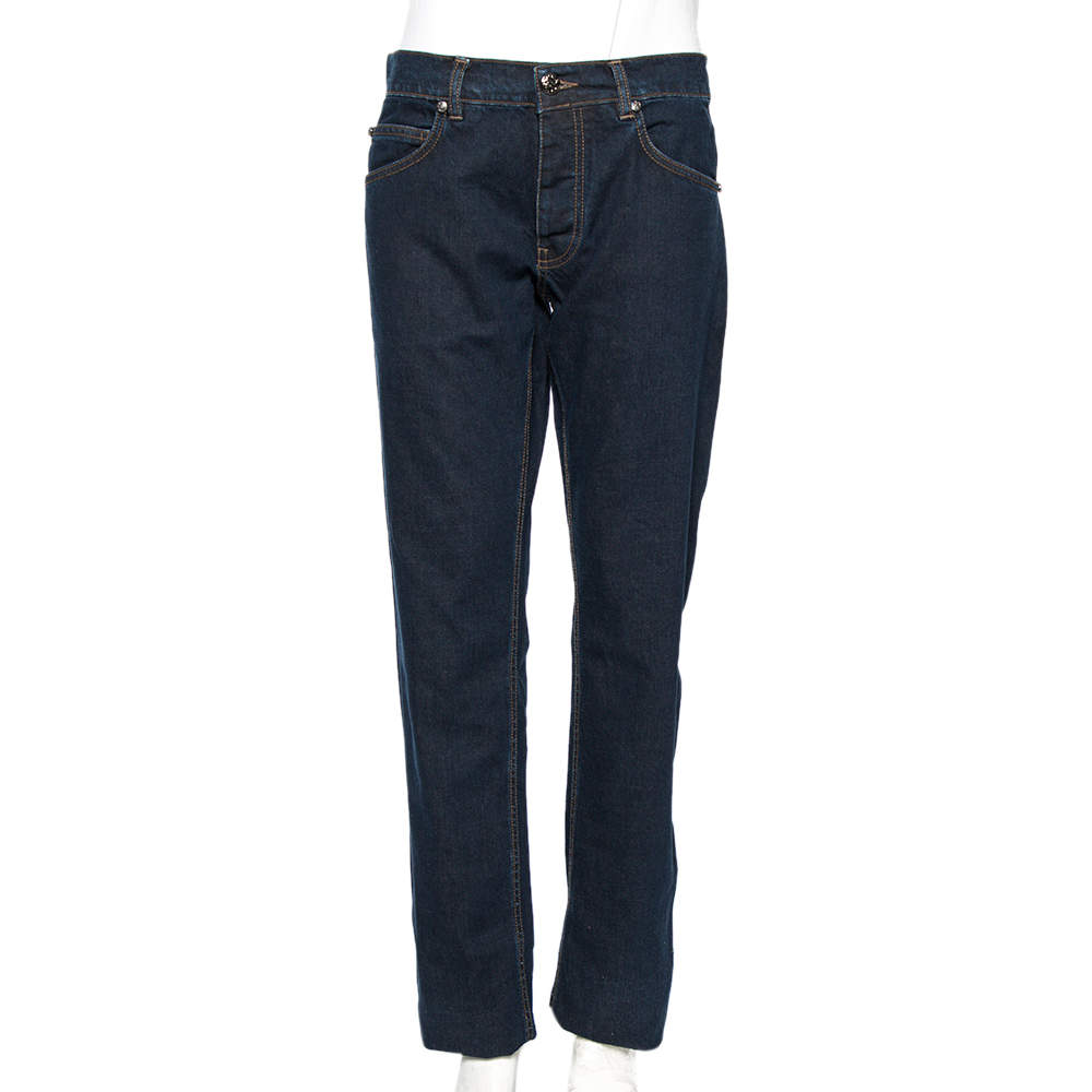 Pre Owned Roberto Cavalli Indigo Denim Embroidered Trim Detail Button-Up Jeans L