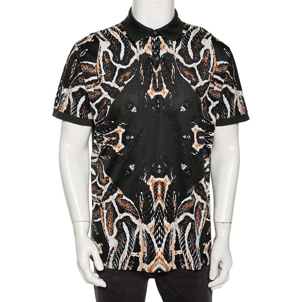 Pre Owned Roberto Cavalli Dark Green Cotton Abstract Animal Pattern Polo T Shirt XXL
