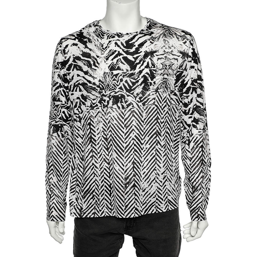 Pre Owned Roberto Cavalli Brown & White Cotton Knit Long Sleeve T-Shirt XXL