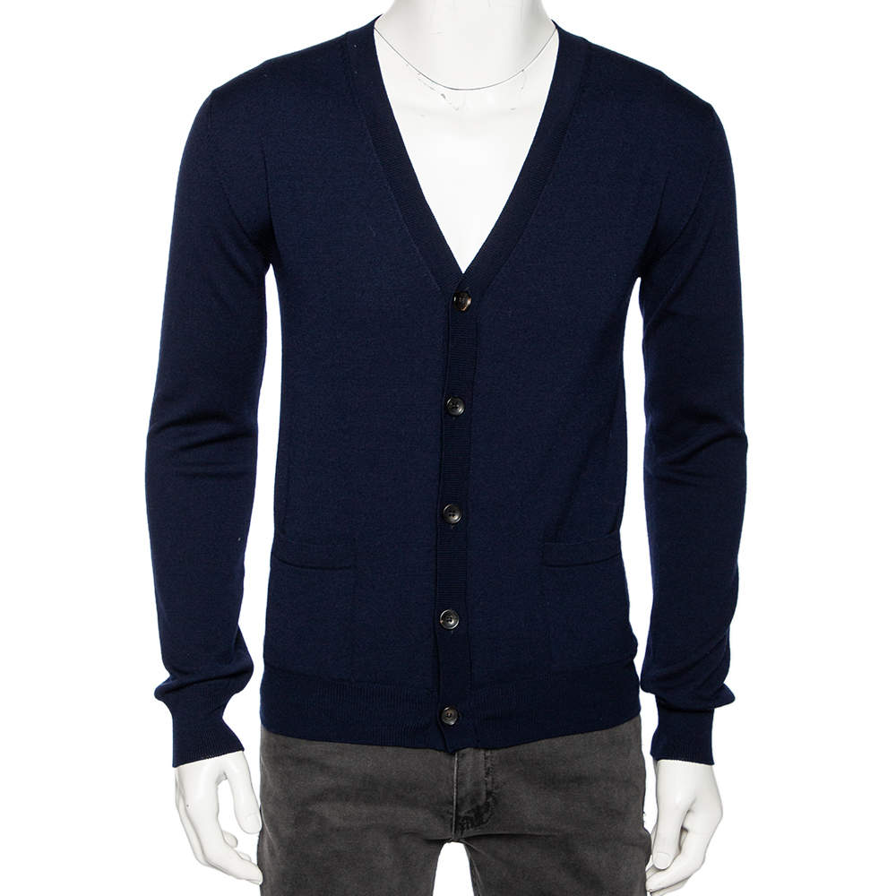 Pre Owned Roberto Cavalli Navy Blue Knit Pocketed Button Front Cardigan M