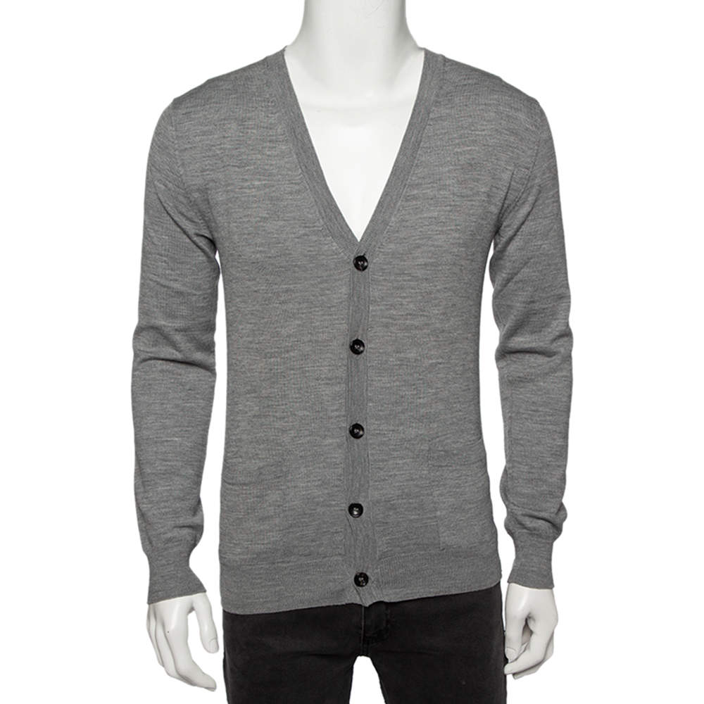 Pre Owned Roberto Cavalli Grey Knit Pocketed Button Front Cardigan M