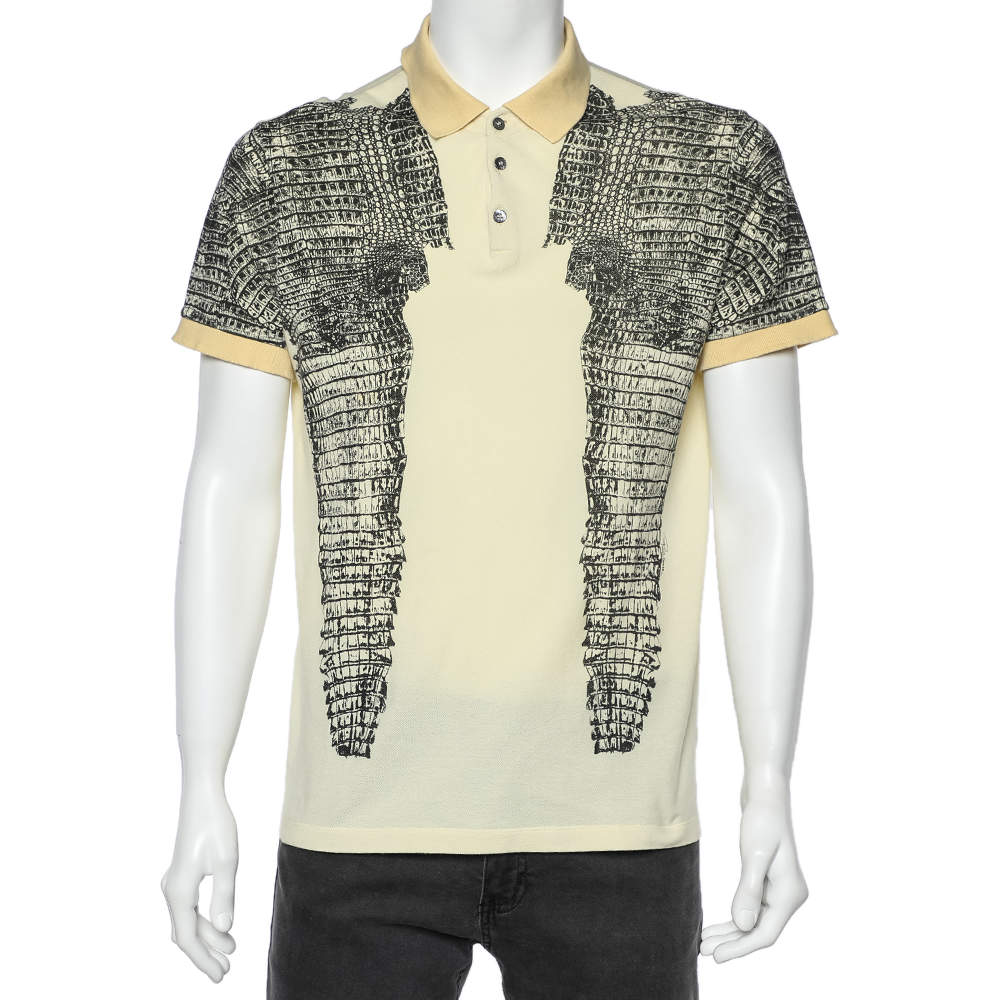 Pre Owned Roberto Cavalli Yellow Snakeskin Printed Cotton Pique Polo T-Shirt XL
