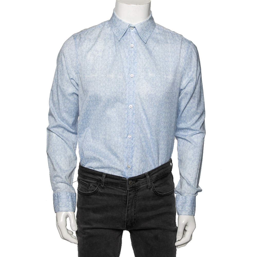 Pre Owned Roberto Cavalli Blue Floral Printed Full Sleeves Shirt L