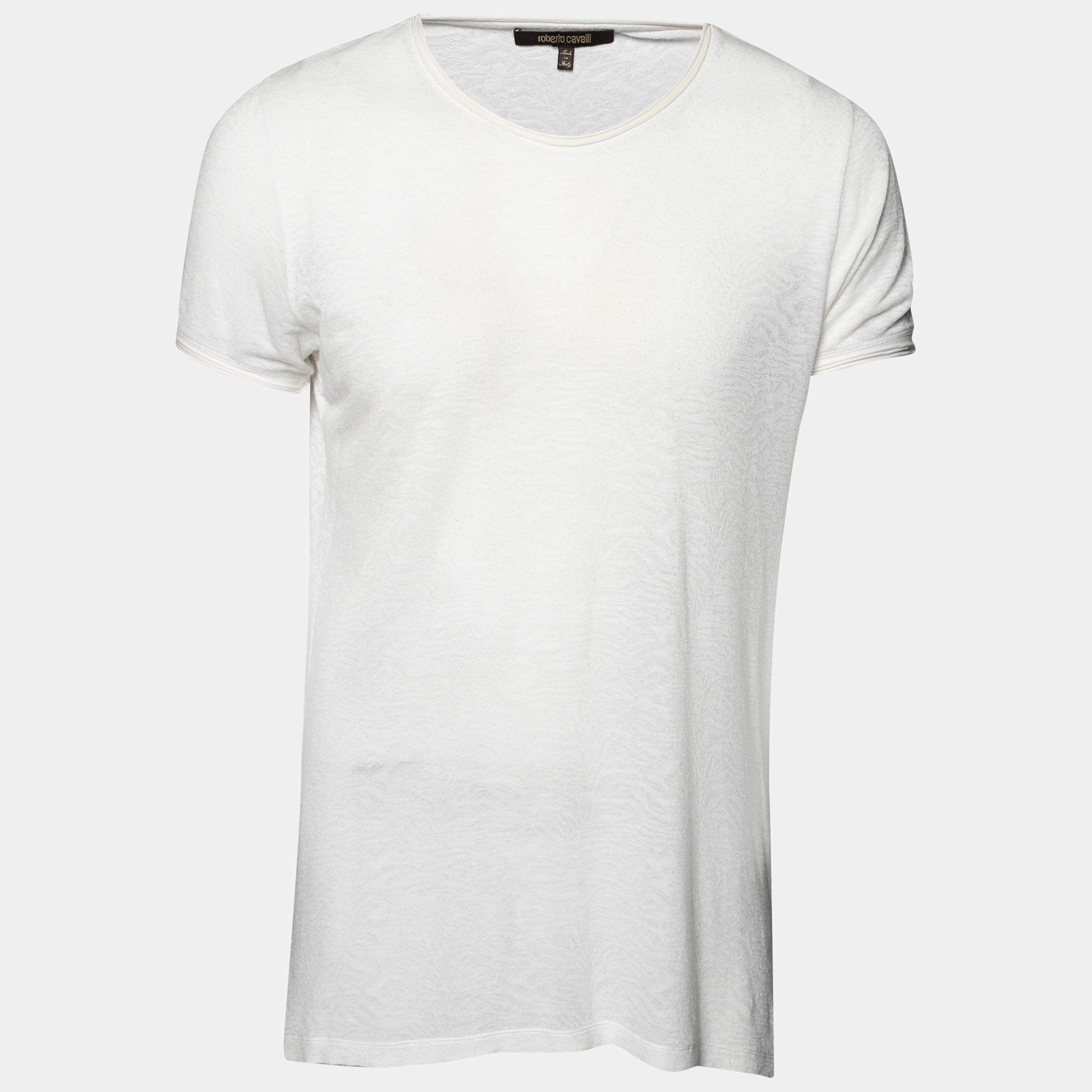 Pre Owned Roberto Cavalli White Textured Knit Crew Neck Short Sleeve T-Shirt M