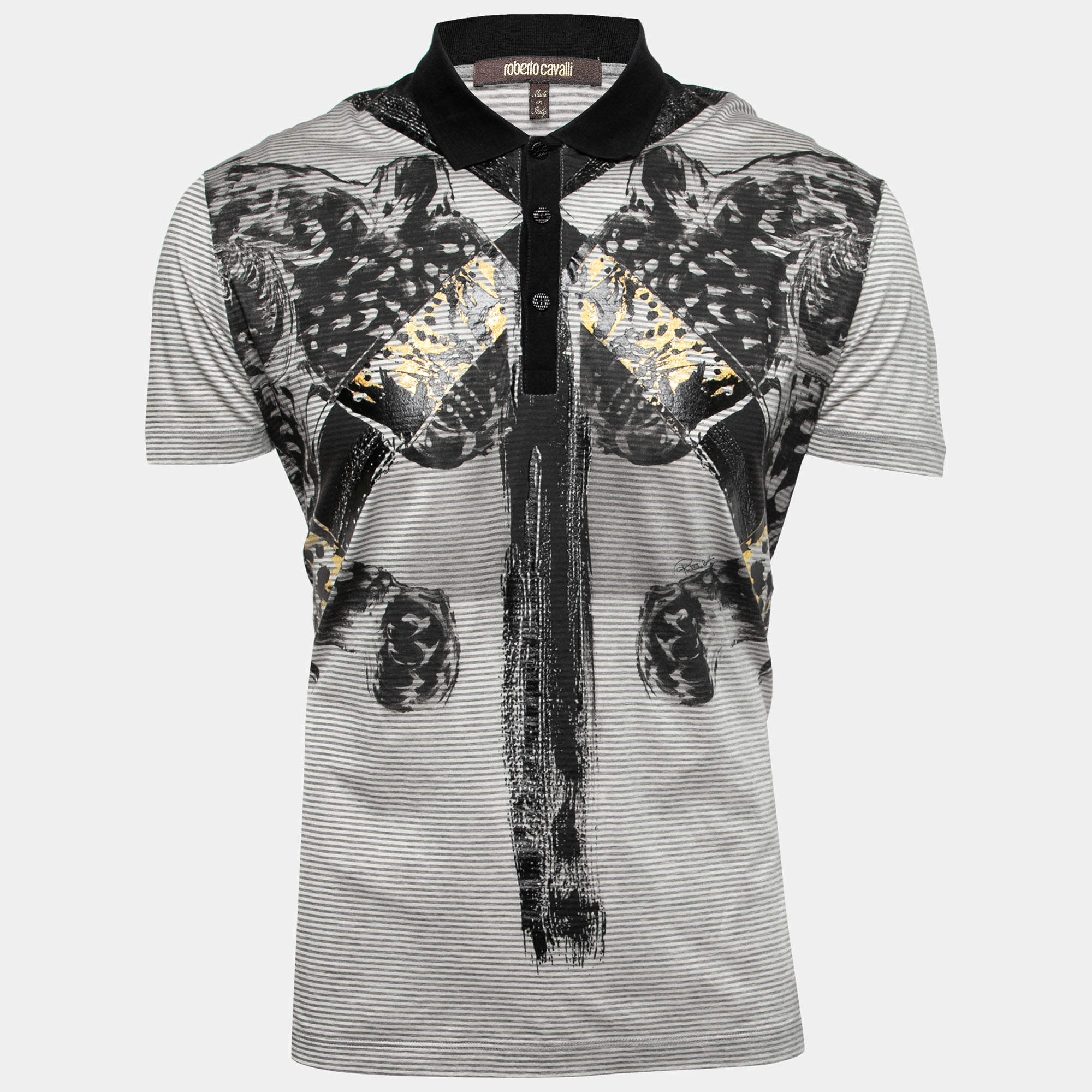 مملوكة مسبقًا Roberto Cavalli Grey Striped Printed Cotton Polo T-Shirt L