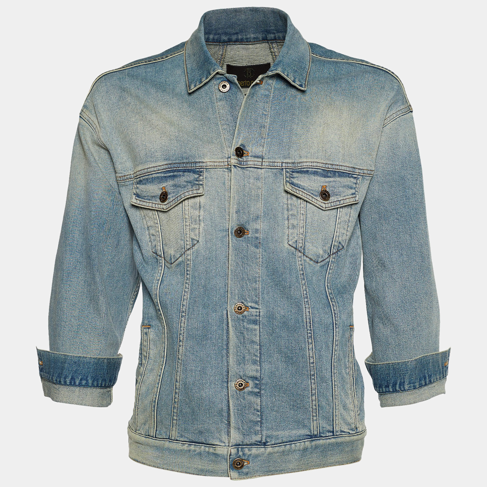 Pre Owned جاكيت روبرتو كافالي تراكر دنيم أزرق نيلي فاتح مقاس إكس إكس لارج