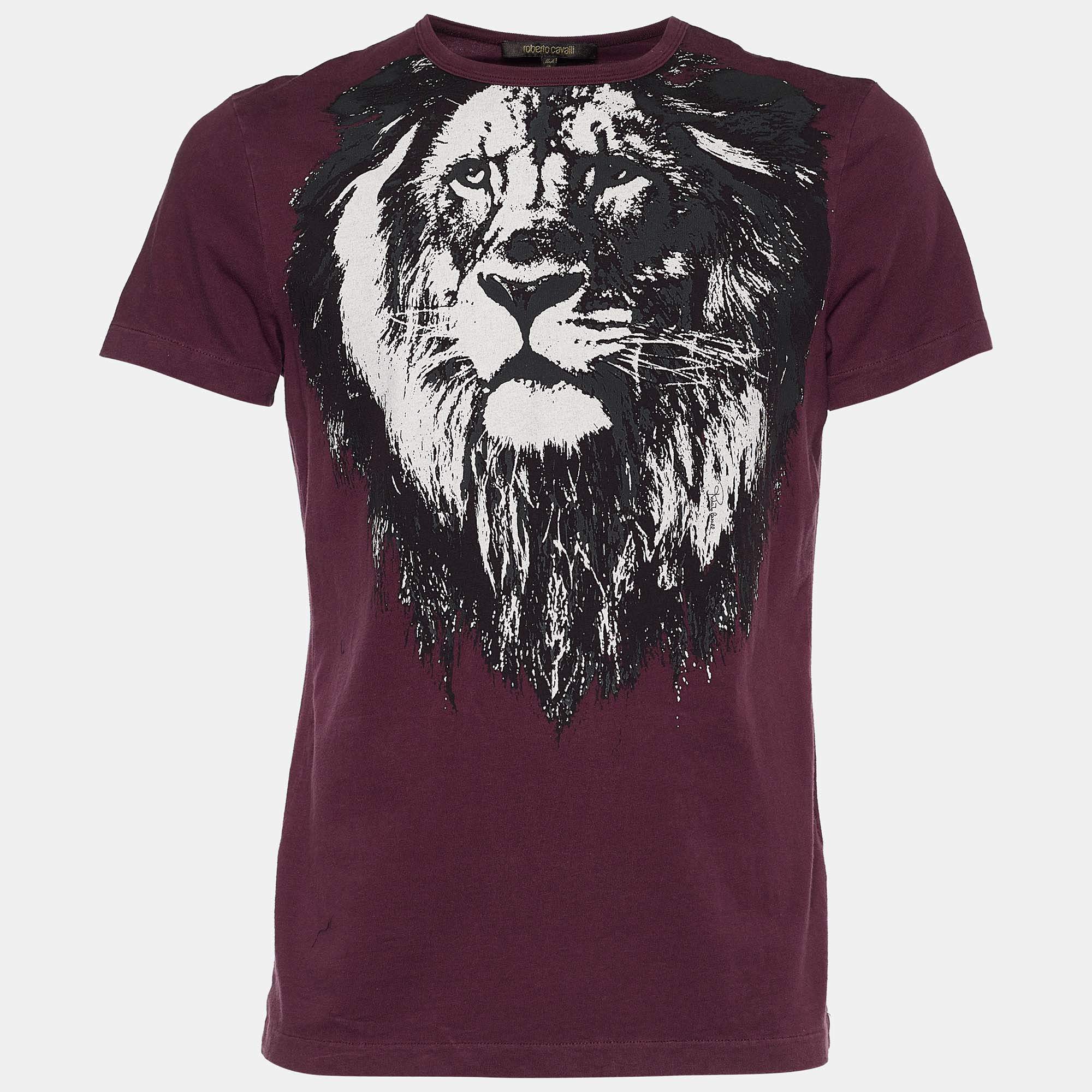 Pre Owned تي شيرت روبرت كافالي قطن عنابي بطباعة مقاس متوسط