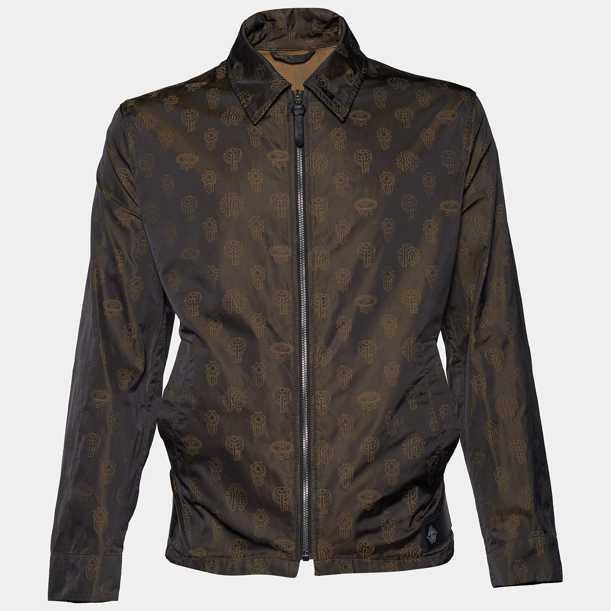 Pre Owned Roberto Cavalli Firenze Brown Logo Evil Eye Printed Synthetic Bomber Jacket M