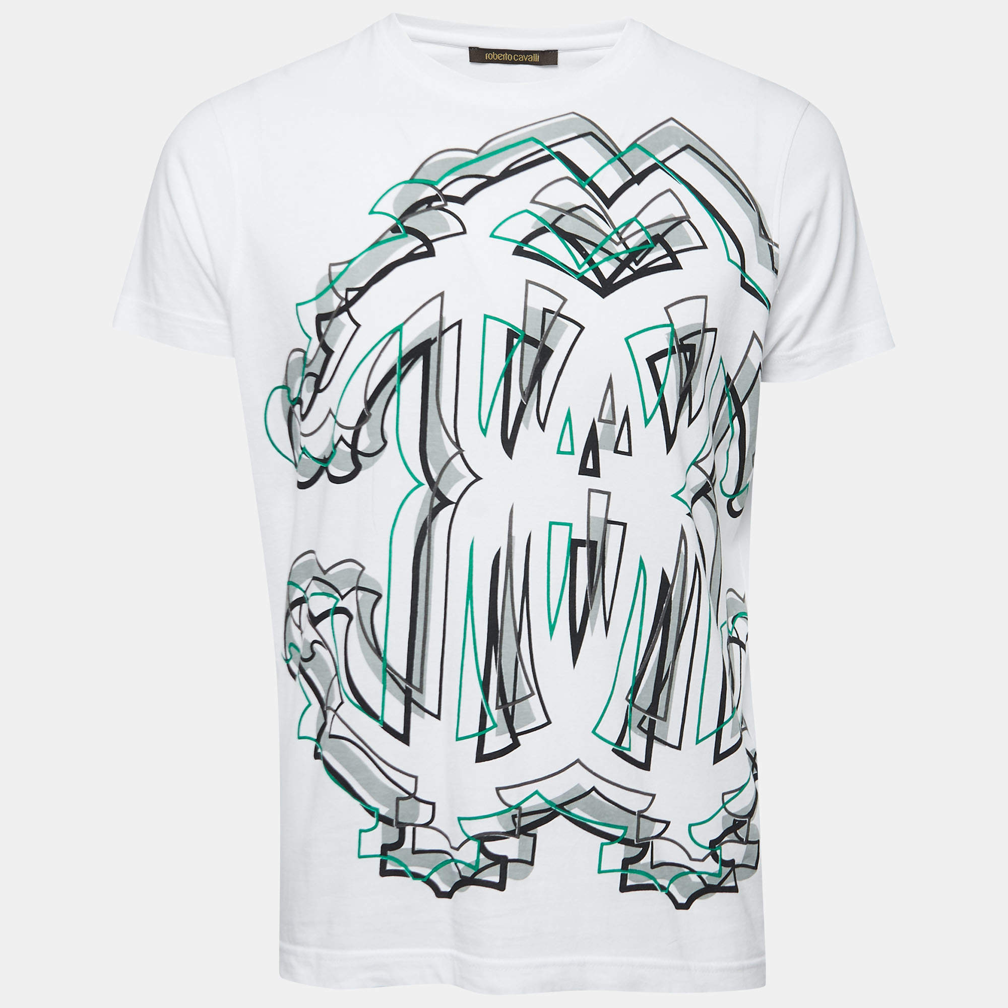 Pre Owned Roberto Cavalli White Cotton Graphic Print T-Shirt L