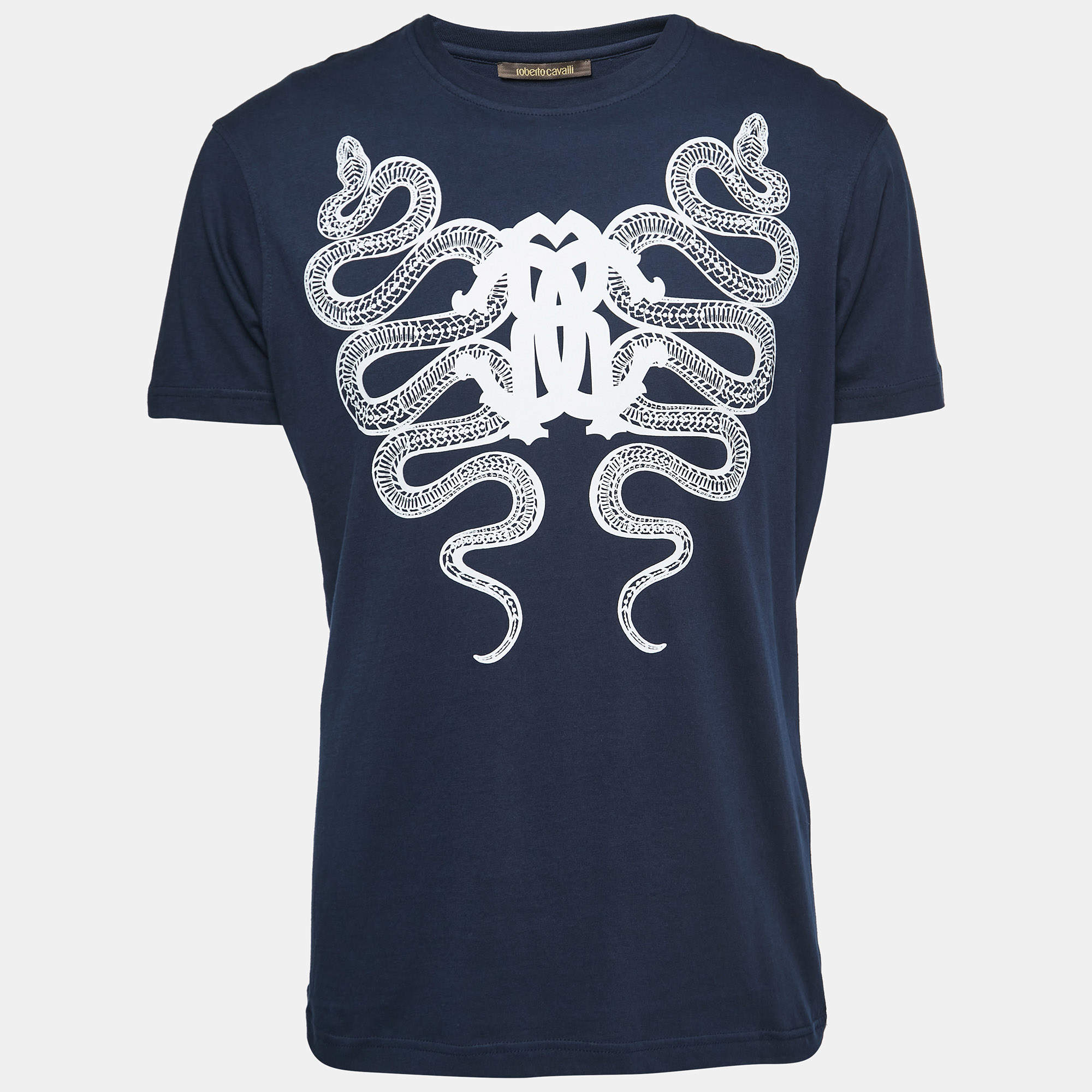 Pre Owned Roberto Cavalli Navy Blue Cotton Snake Logo Print T-Shirt XL