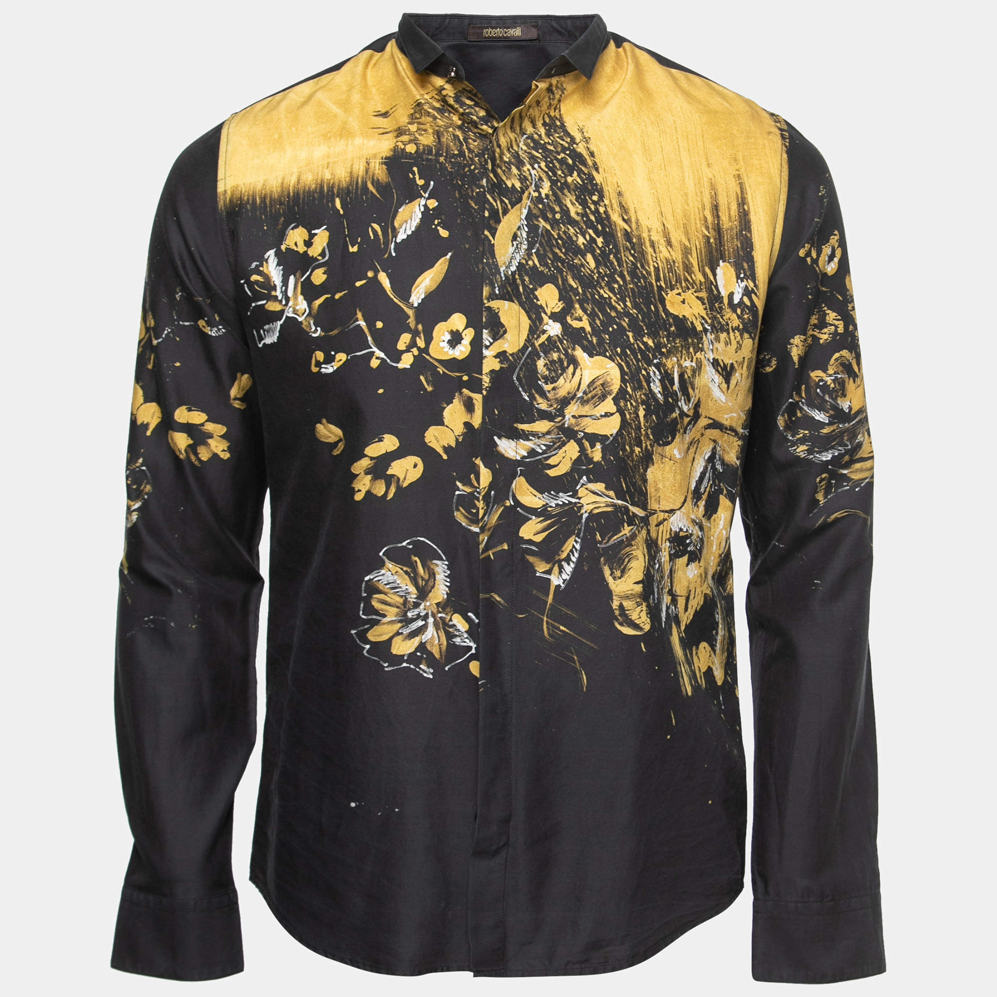 Pre Owned Roberto Cavalli Black Floral Print Cotton & Silk Button Front Shirt M