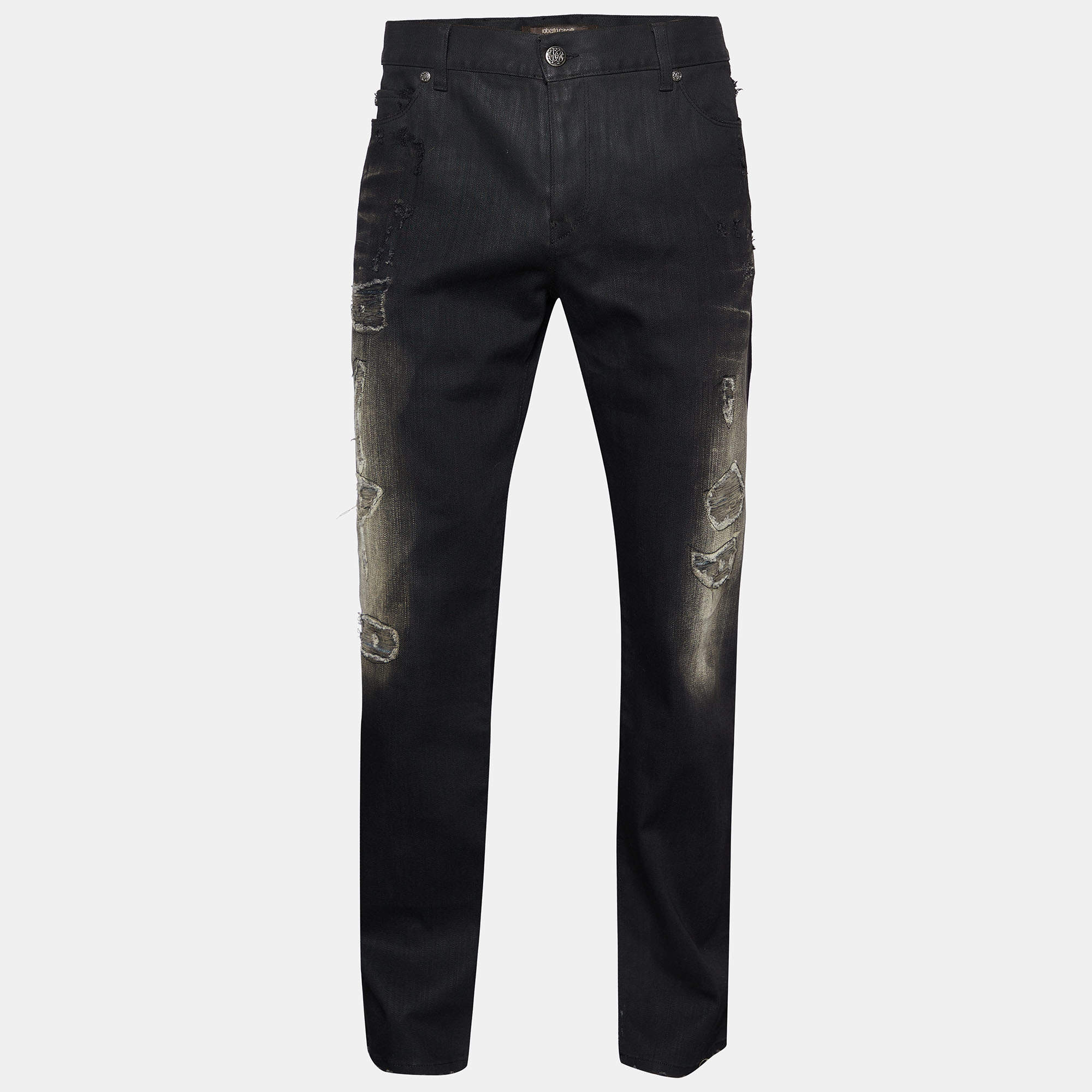 Pre Owned Roberto Cavalli Black Denim Distressed Jeans XL