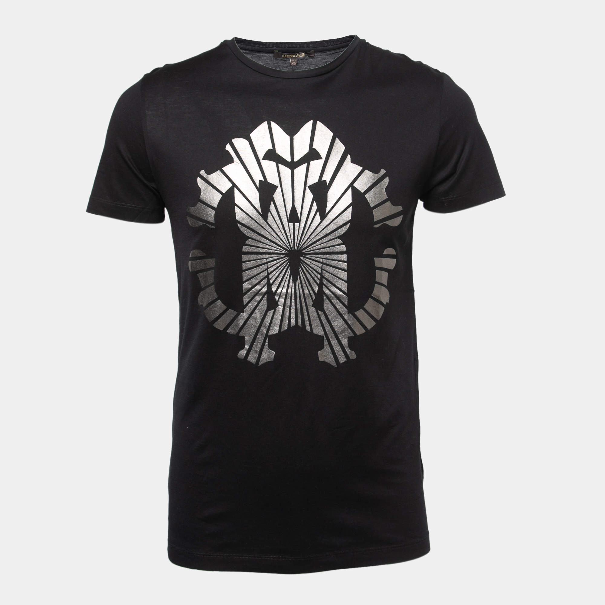 Pre Owned Roberto Cavalli Black Logo Print Cotton Crew Neck T-Shirt S