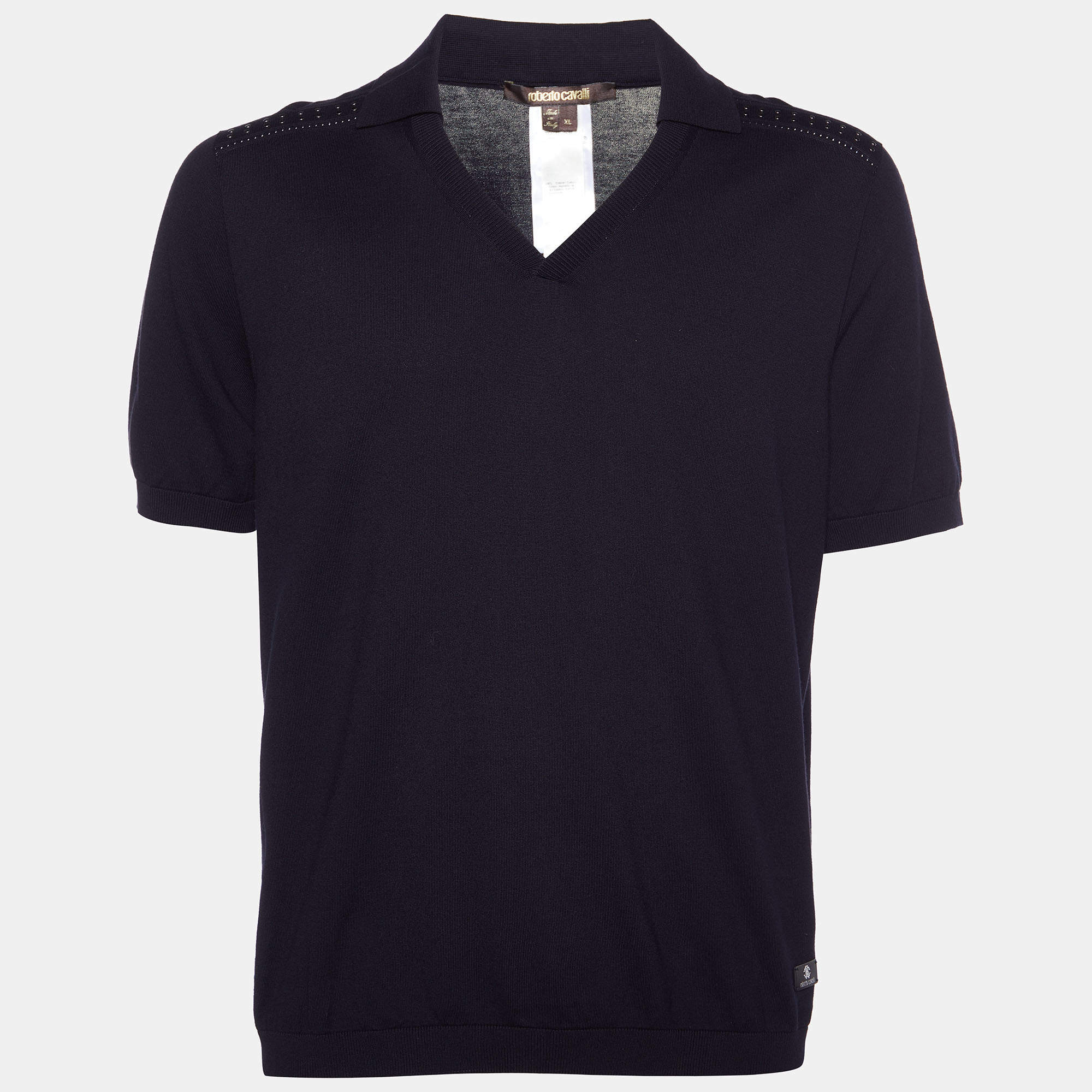 Pre Owned Roberto Cavalli Black Cotton Knit Metal Detail Polo T-Shirt XL