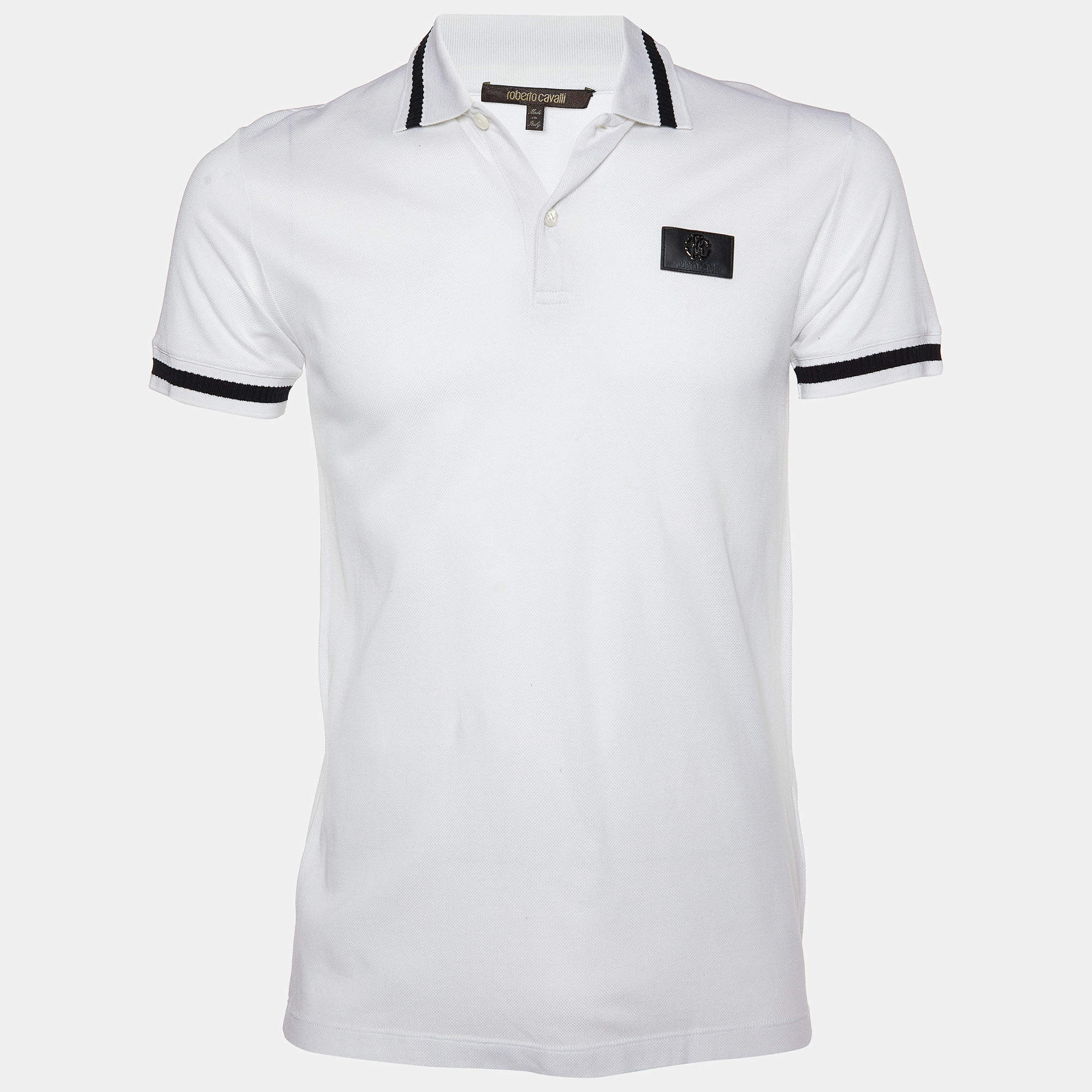 Pre Owned Roberto Cavalli White Logo Plaque Cotton Pique Polo T-Shirt S