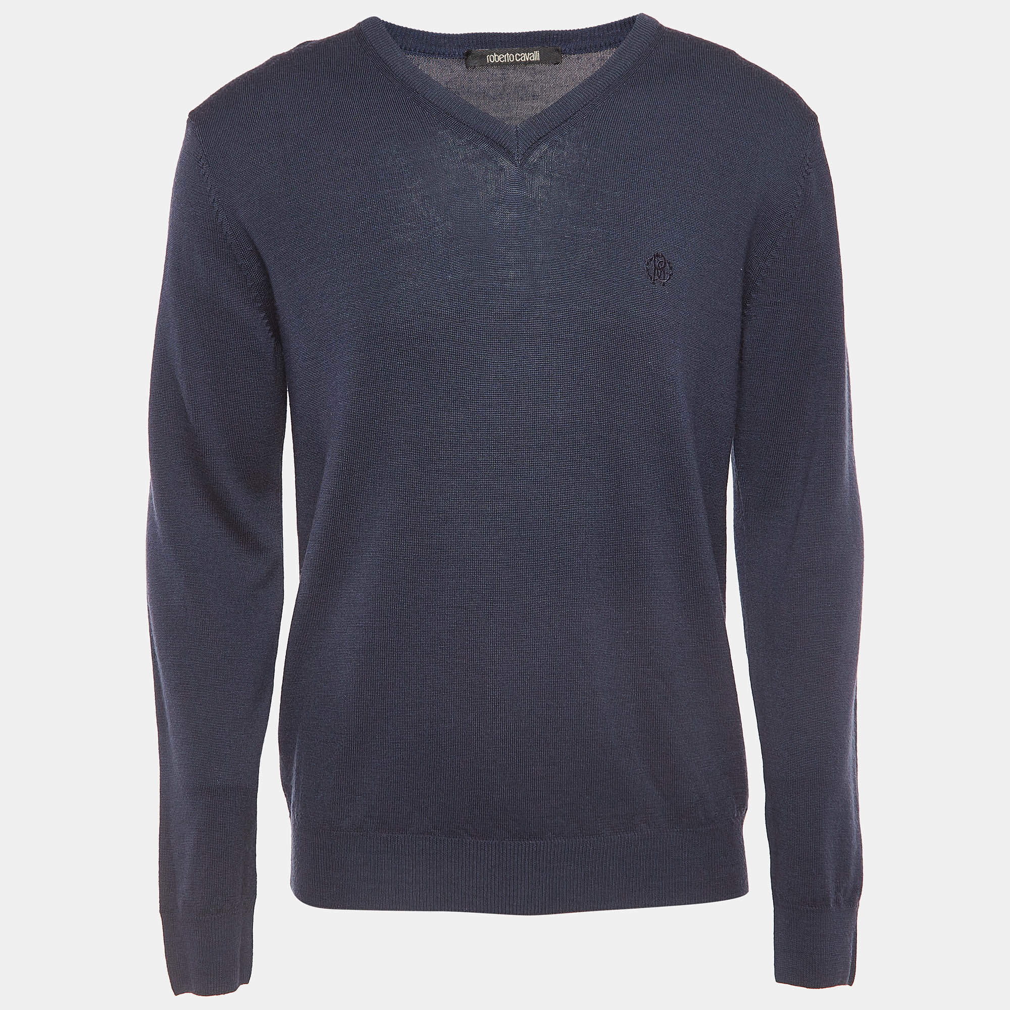 Roberto Cavalli Navy Blue Wool Knit V-Neck Sweatshirt XL